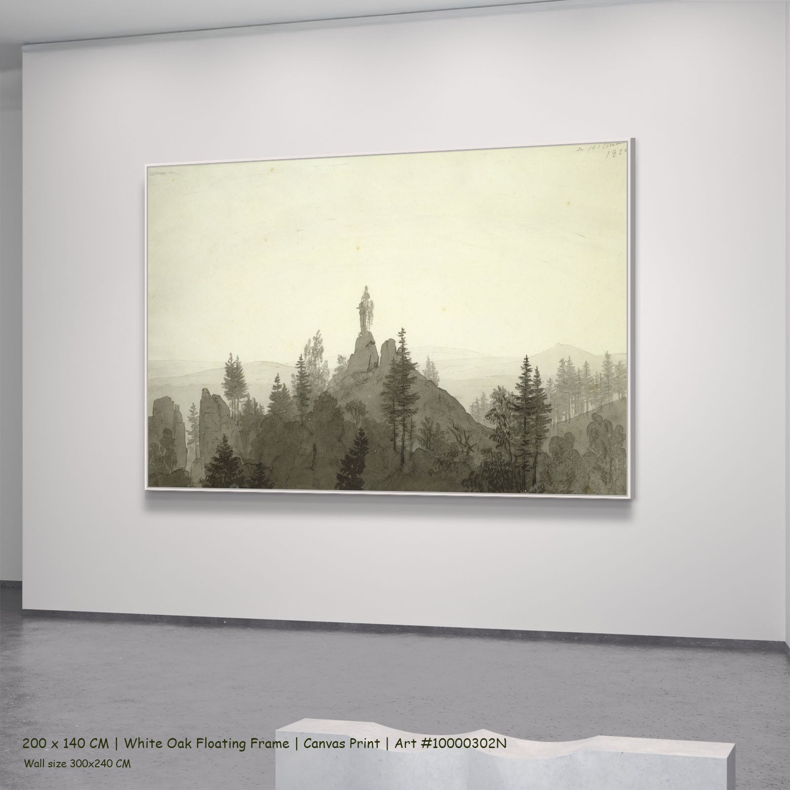 Statue of the Madonna in the by Caspar David Friedrich in a white oak floating frame, large brown and white Landscape canvas