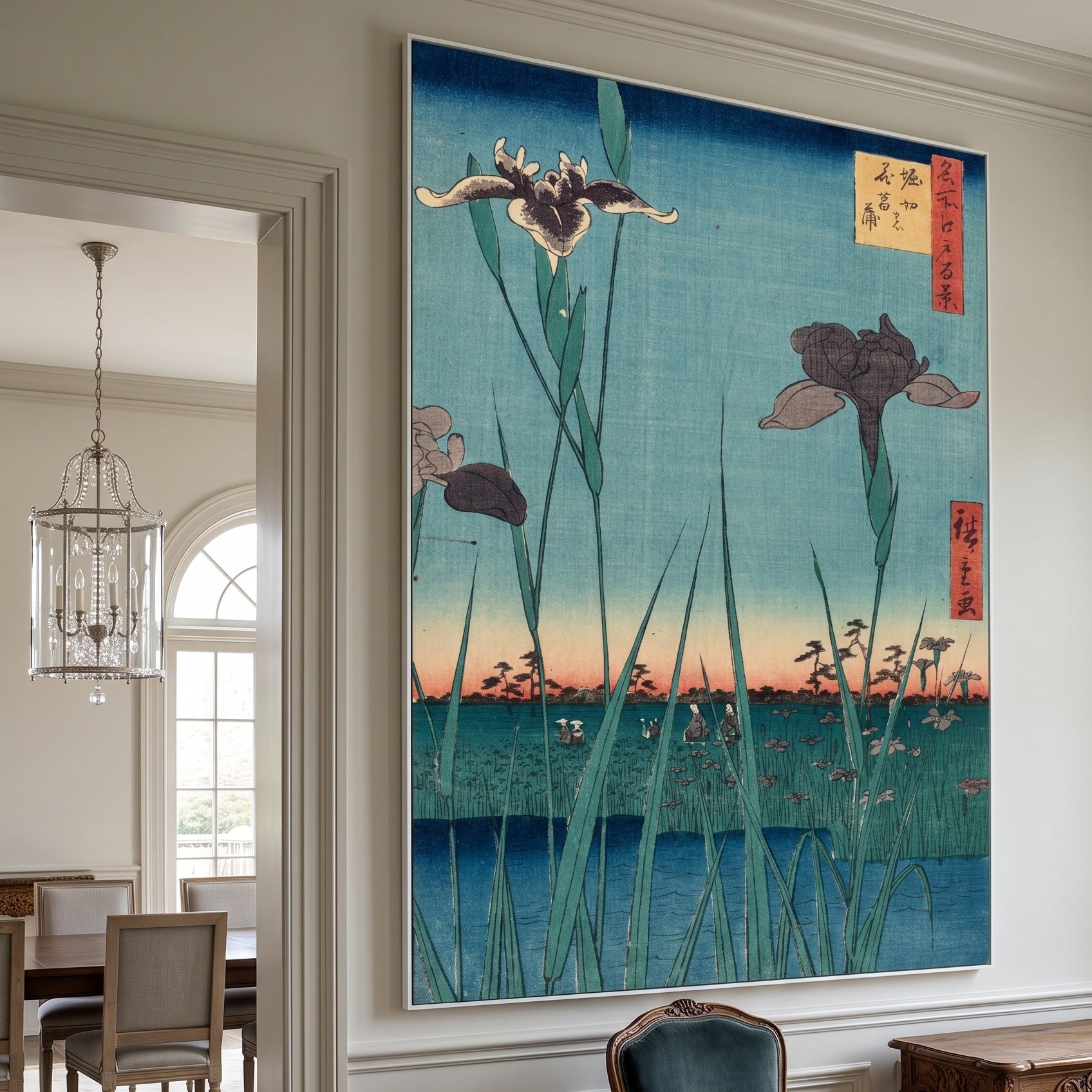 Horikiri Iris Garden by Utagawa Hiroshige I — large aqua and light blue Japanese canvas art on a hallway wall