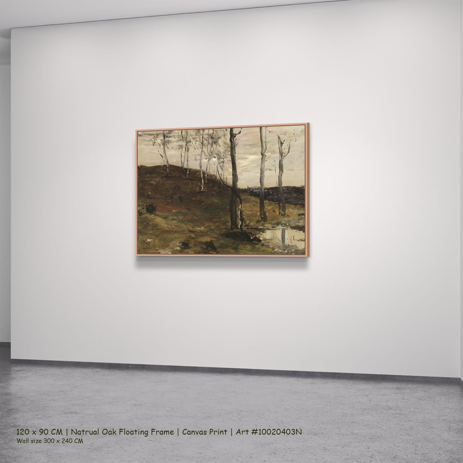 Hillside with Trees by William Morris Hunt in a natural oak floating frame, large brown and olive Landscape canvas