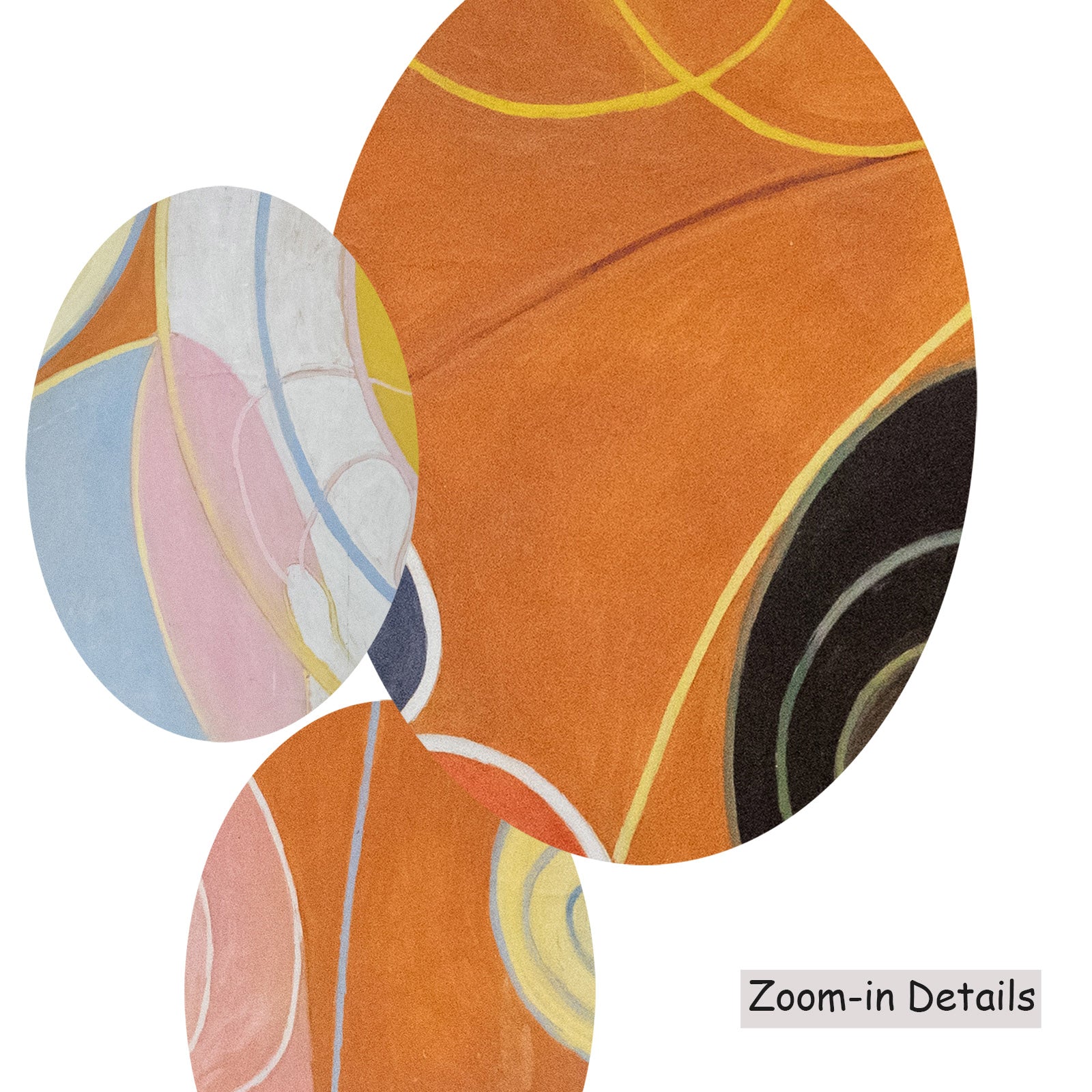 Close-up detail of the brushwork on The Ten Largest, No. 3, Youth, a large orange and yellow Abstract canvas by Hilma af Klin