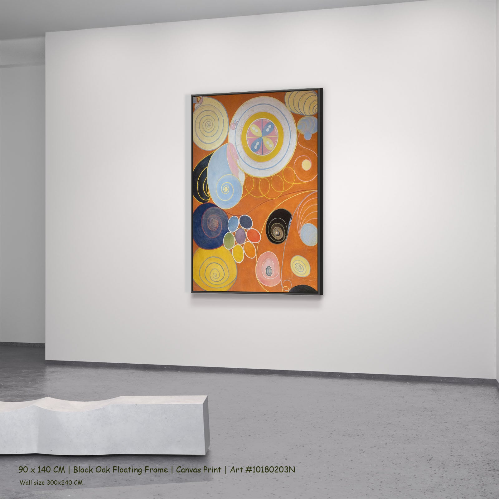 The Ten Largest, No. 3, Youth by Hilma af Klint in a black oak floating frame, large orange and yellow Abstract canvas