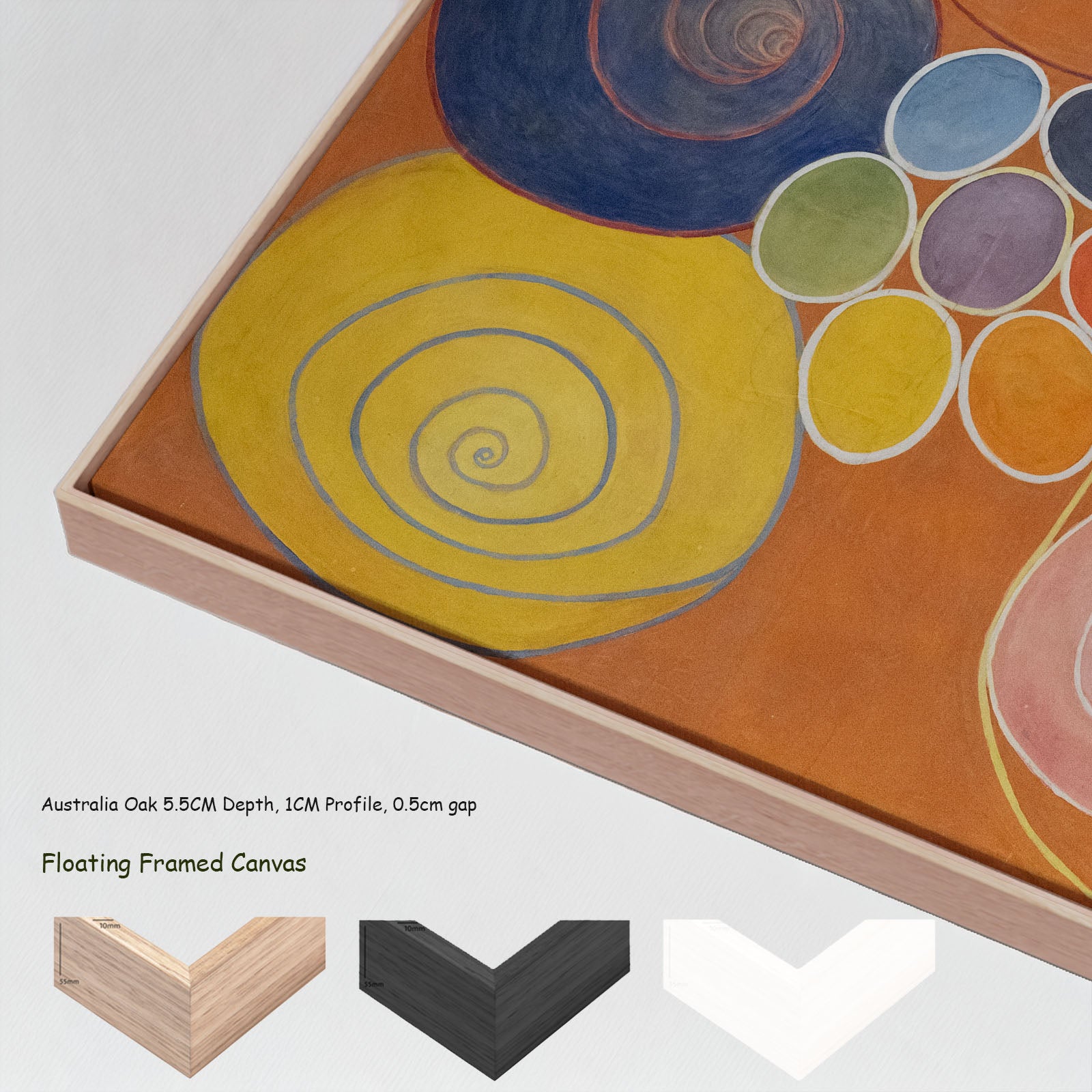 The Ten Largest, No. 3, Youth by Hilma af Klint in a floating frame, large orange and yellow Abstract canvas print