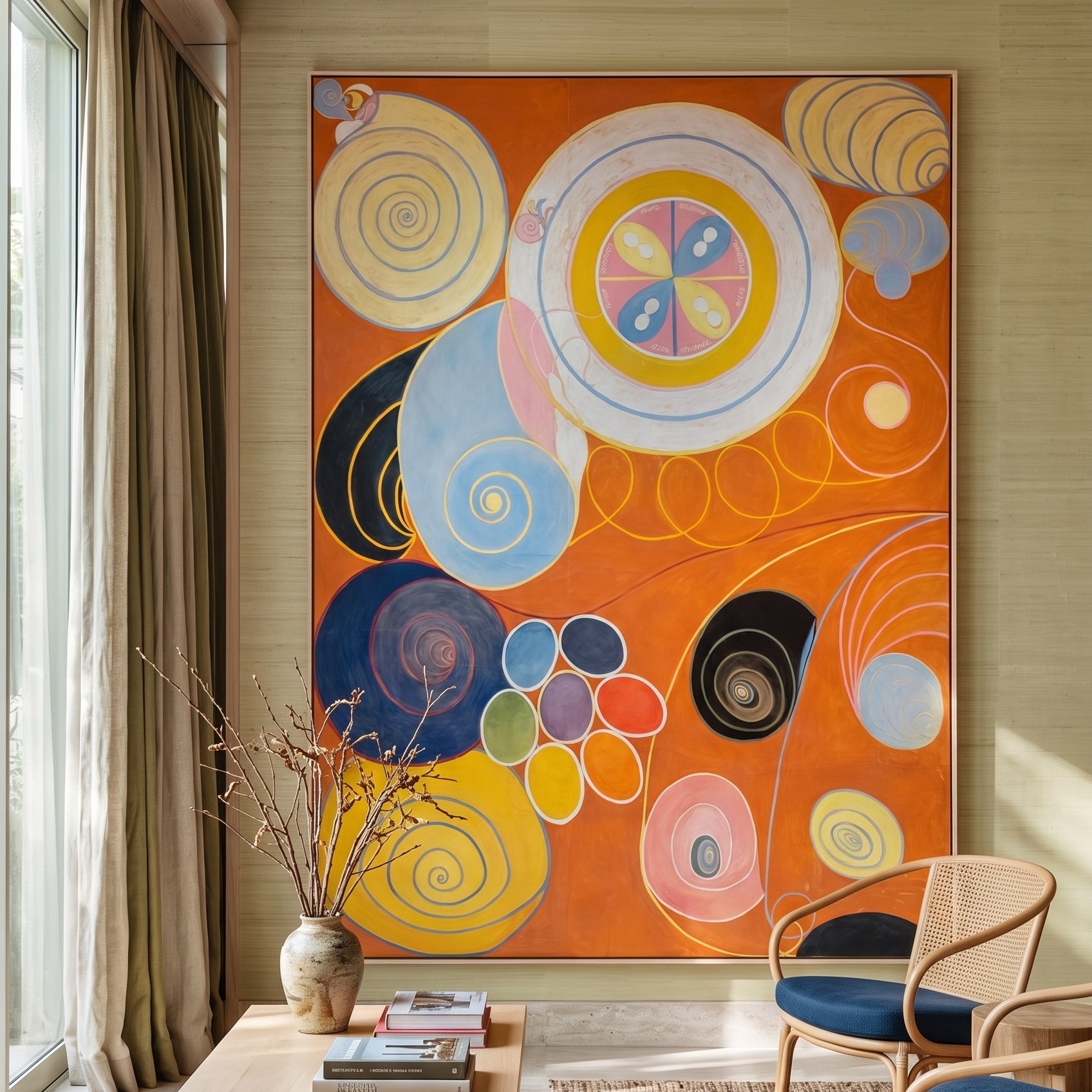 The Ten Largest, No. 3, Youth by Hilma af Klint — large orange and yellow Abstract canvas art displayed on a wall