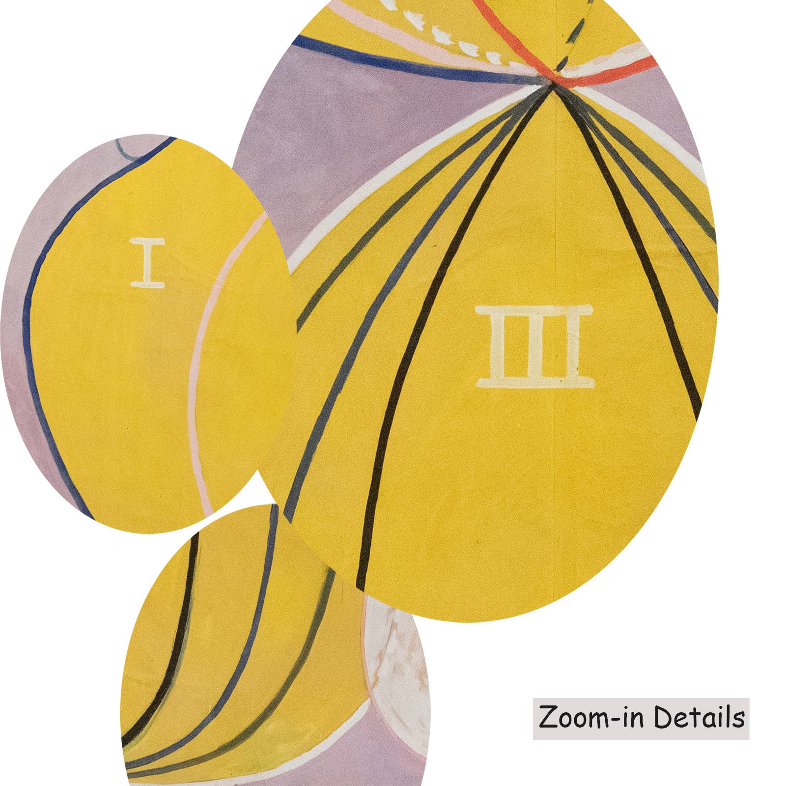 Close-up detail of the brushwork on The Ten Largest, No. 7, Adulthood, a large yellow and purple Abstract canvas by Hilma af