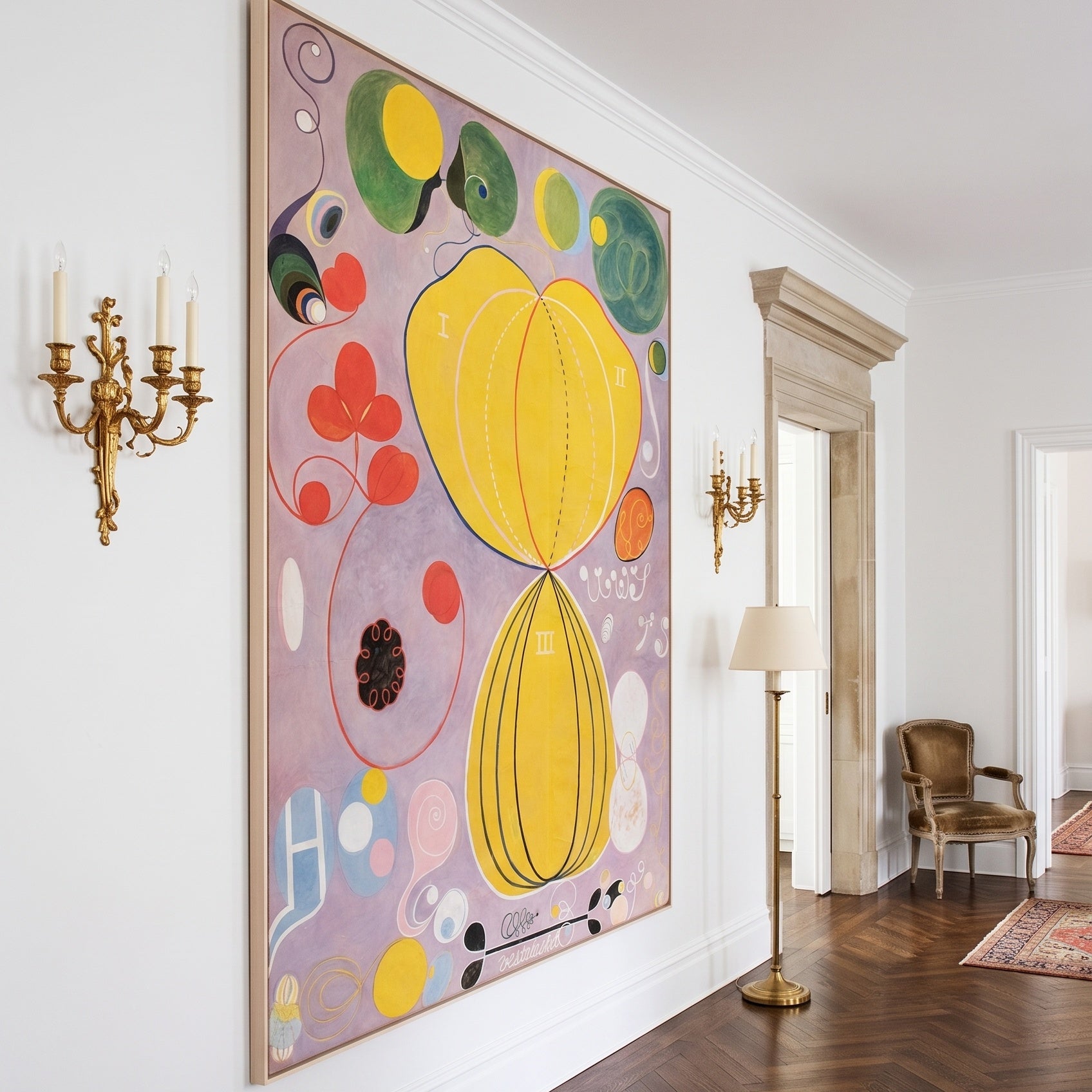 The Ten Largest, No. 7, Adulthood by Hilma af Klint — large yellow and purple Abstract canvas art on a hallway wall
