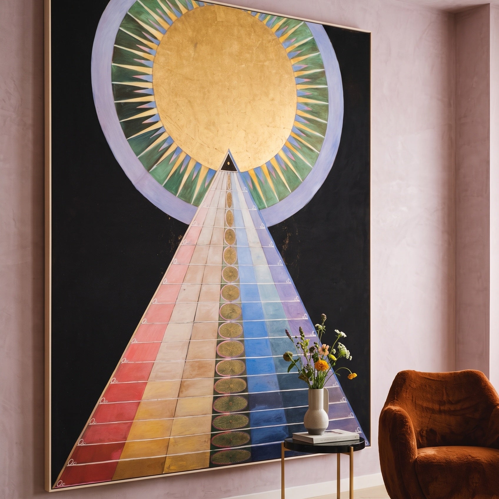 Altarpiece, No. 1, Group X by Hilma af Klint — large gold and red Abstract canvas art on a living room wall