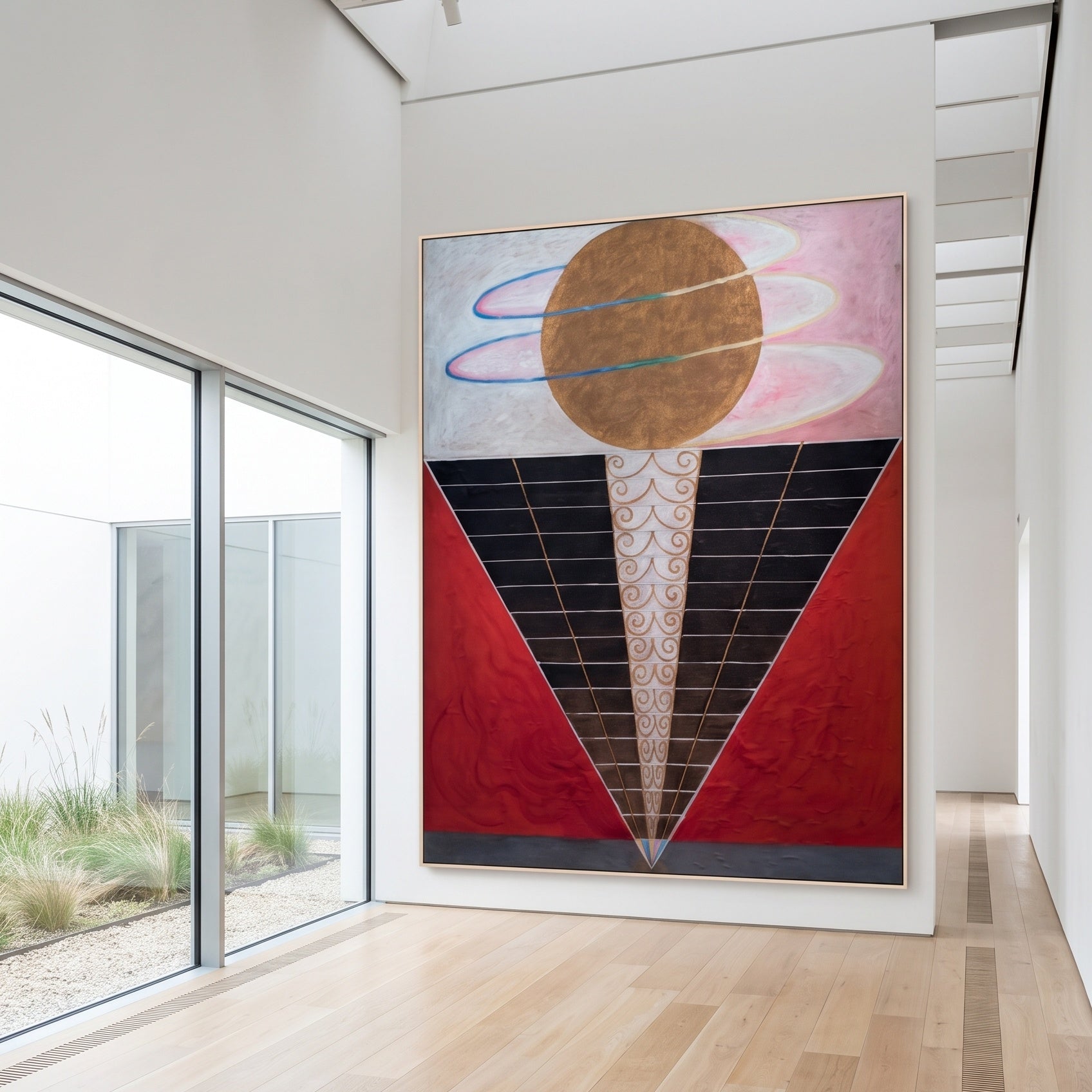 Altarpiece, No. 2, Group X by Hilma af Klint — large red and black Modern Abstract canvas art on a hallway wall