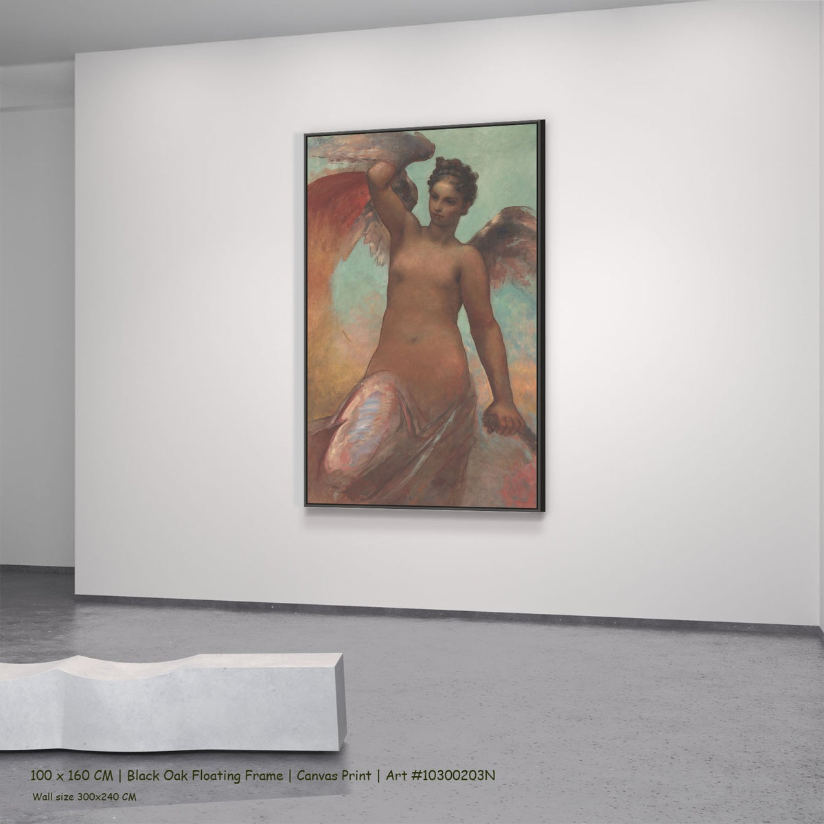 Winged Fortune by William Morris in a black oak floating frame, large brown and aqua Symbolist canvas