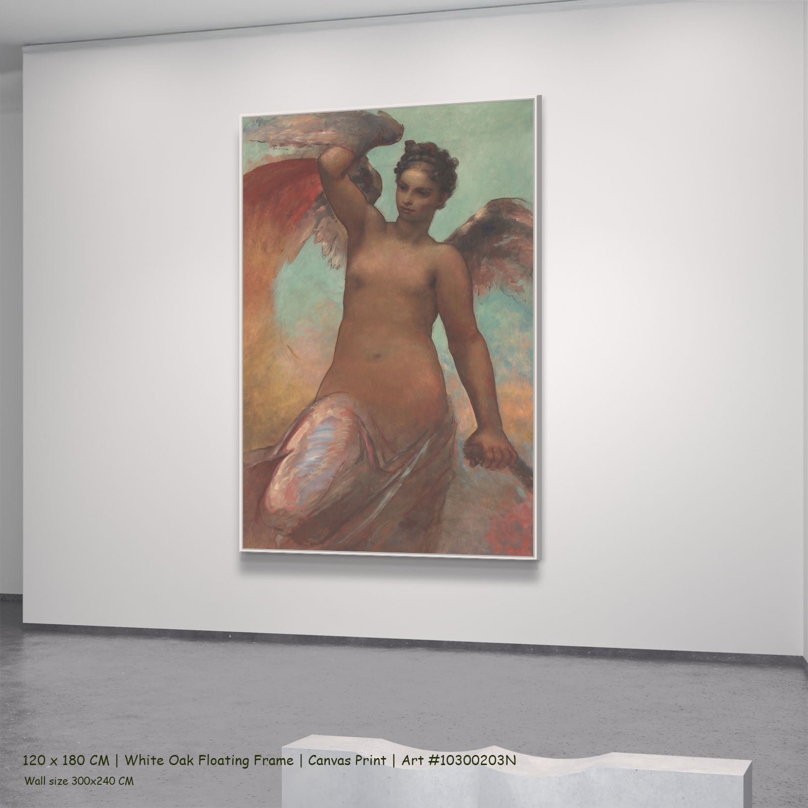 Winged Fortune by William Morris in a white oak floating frame, large brown and aqua Symbolist canvas
