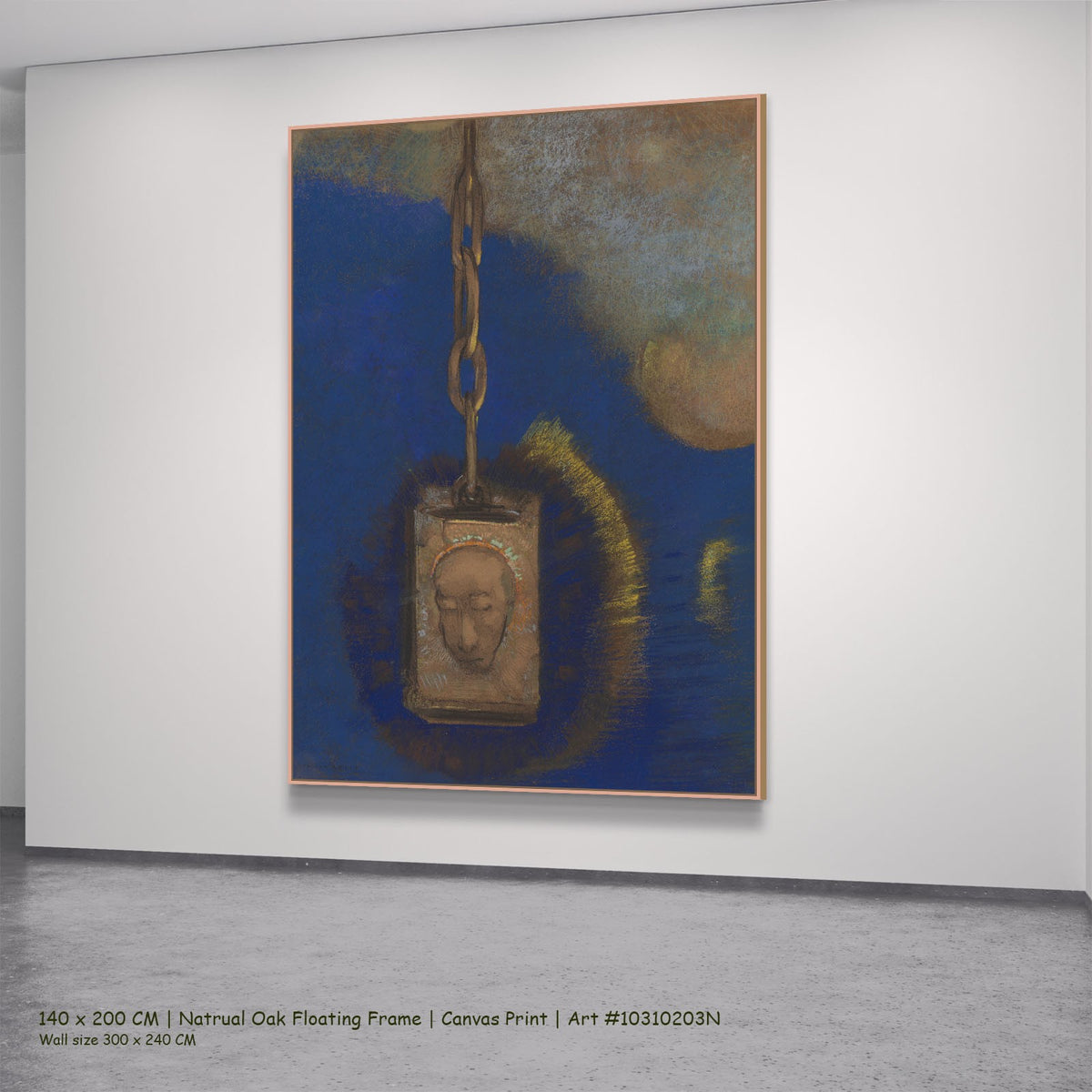 The Beacon by Odilon Redon in a natural oak floating frame, large blue and brown Symbolist canvas