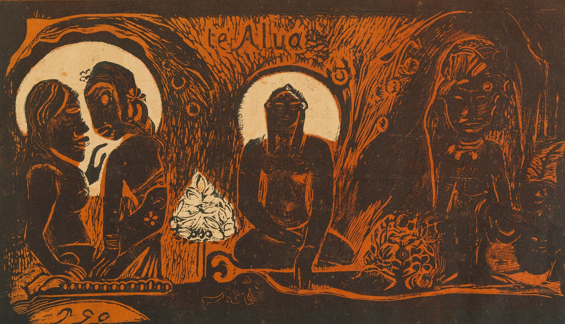 Large brown and orange Symbolist canvas print of Te atua, from the Noa Noa by Paul Gauguin