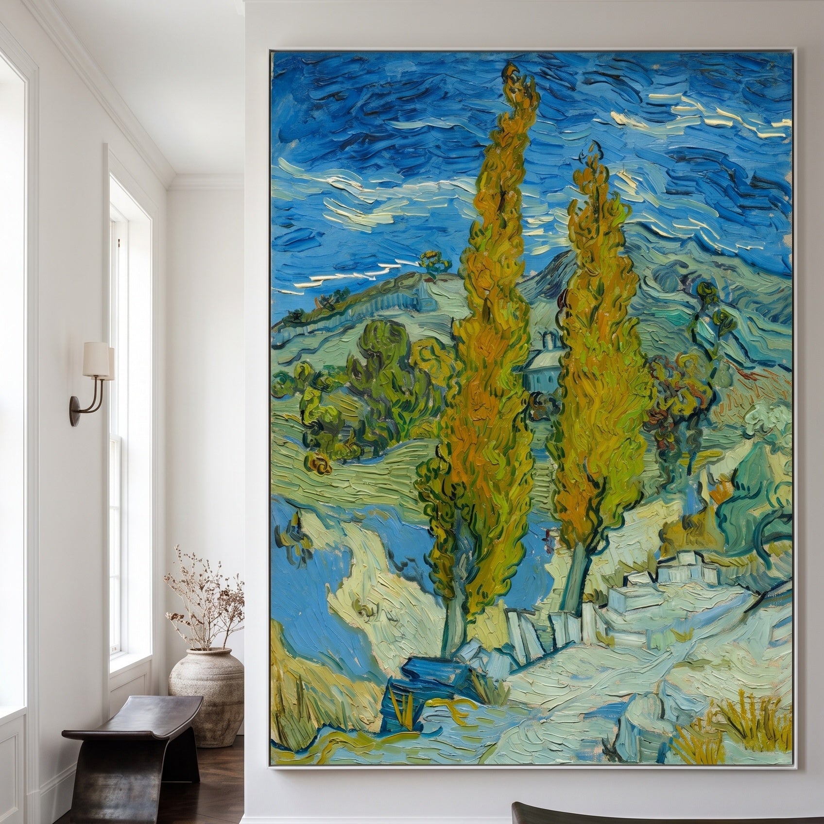 Two Poplars in the Alpilles near by Vincent van Gogh — large blue and yellow Impressionist canvas art on a hallway wall