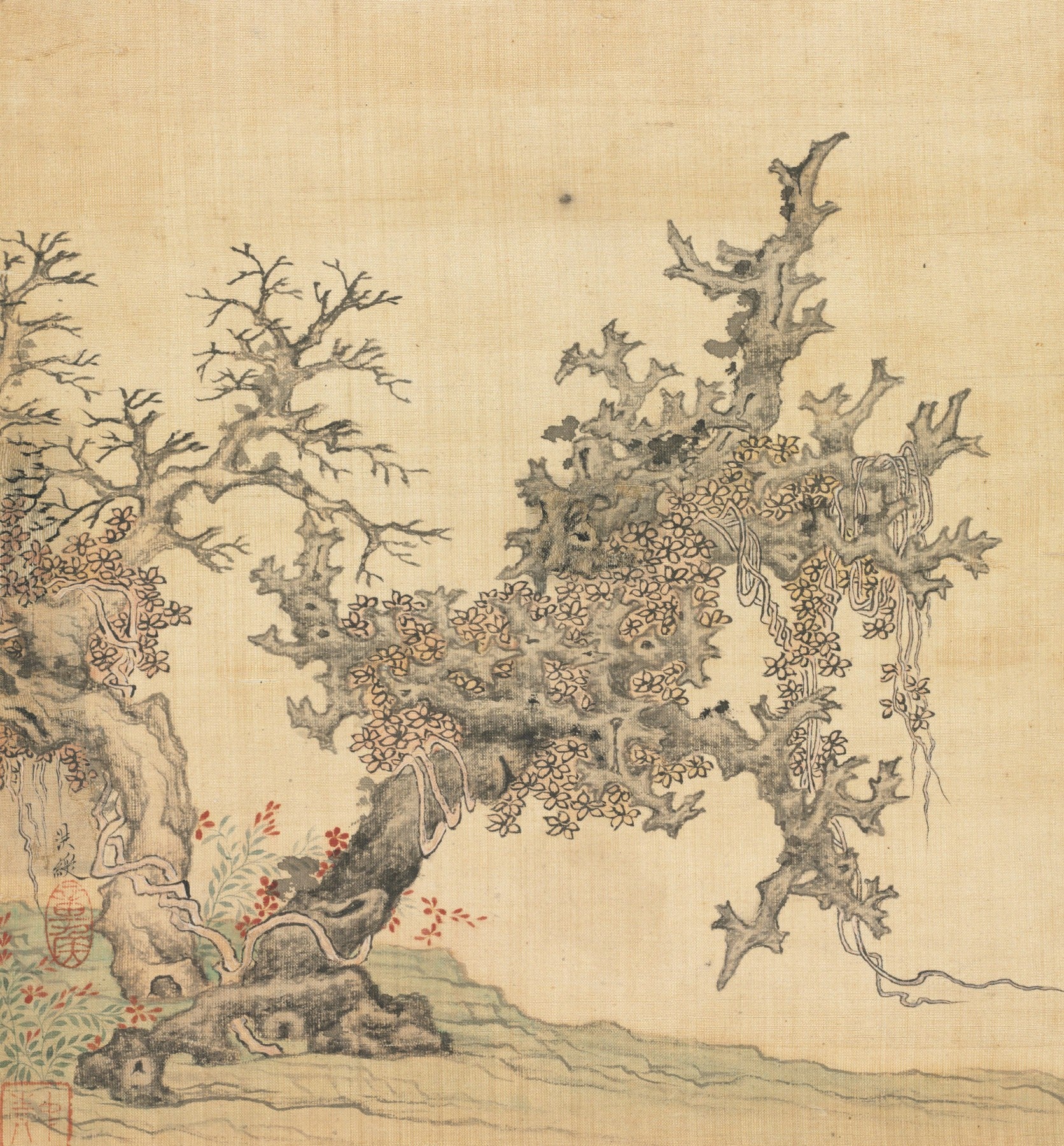 Large gold and grey Landscape canvas print of An Ancient Tree by Chen Hongshou