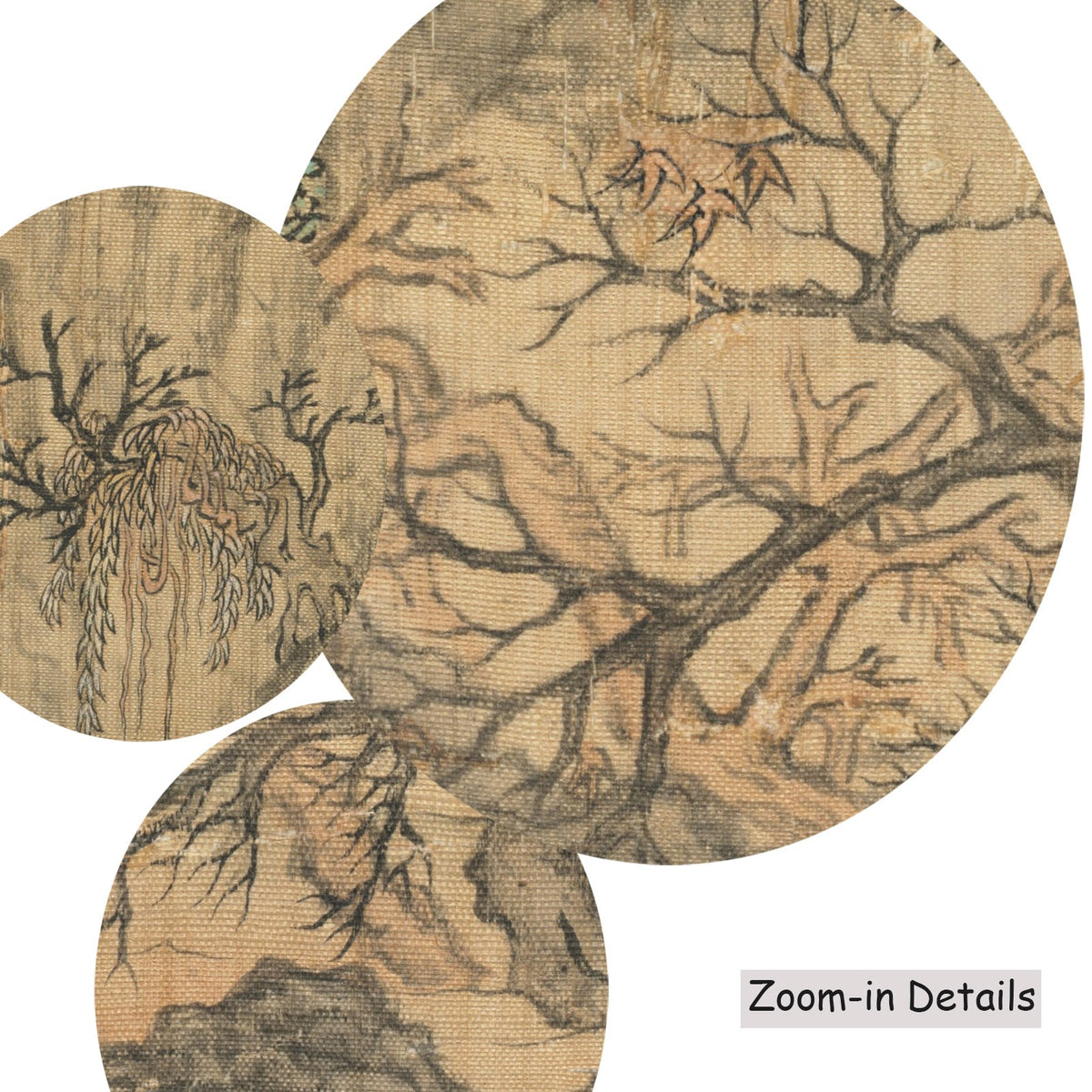 Close-up detail of the brushwork on Travelers in an Autumn Landscape, a large gold and grey Landscape canvas by Chen Hongshou