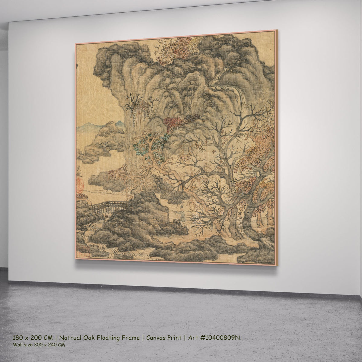 Travelers in an Autumn Landscape by Chen Hongshou in a natural oak floating frame, large gold and grey Landscape canvas