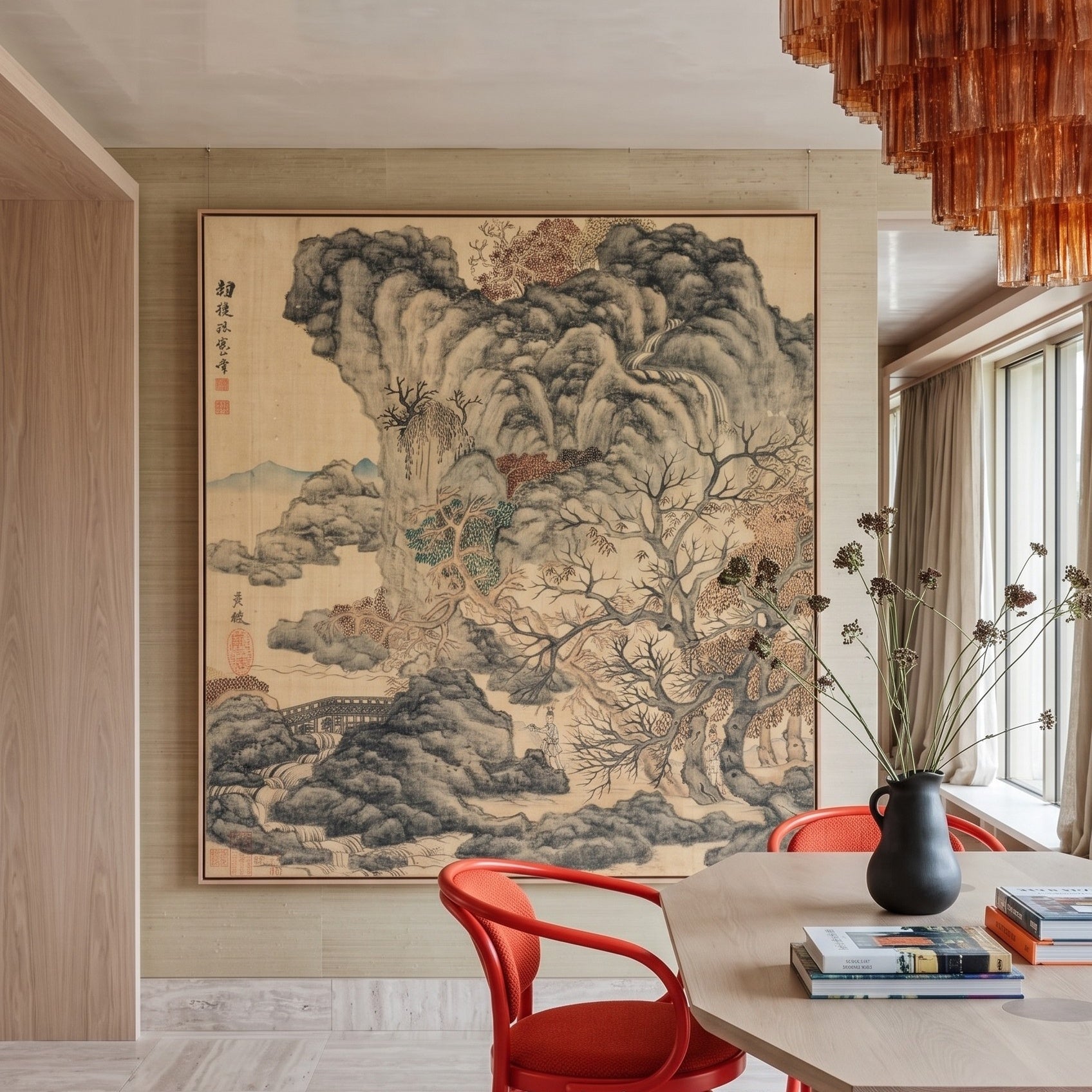 Travelers in an Autumn Landscape by Chen Hongshou — large gold and grey Landscape canvas art on a living room wall