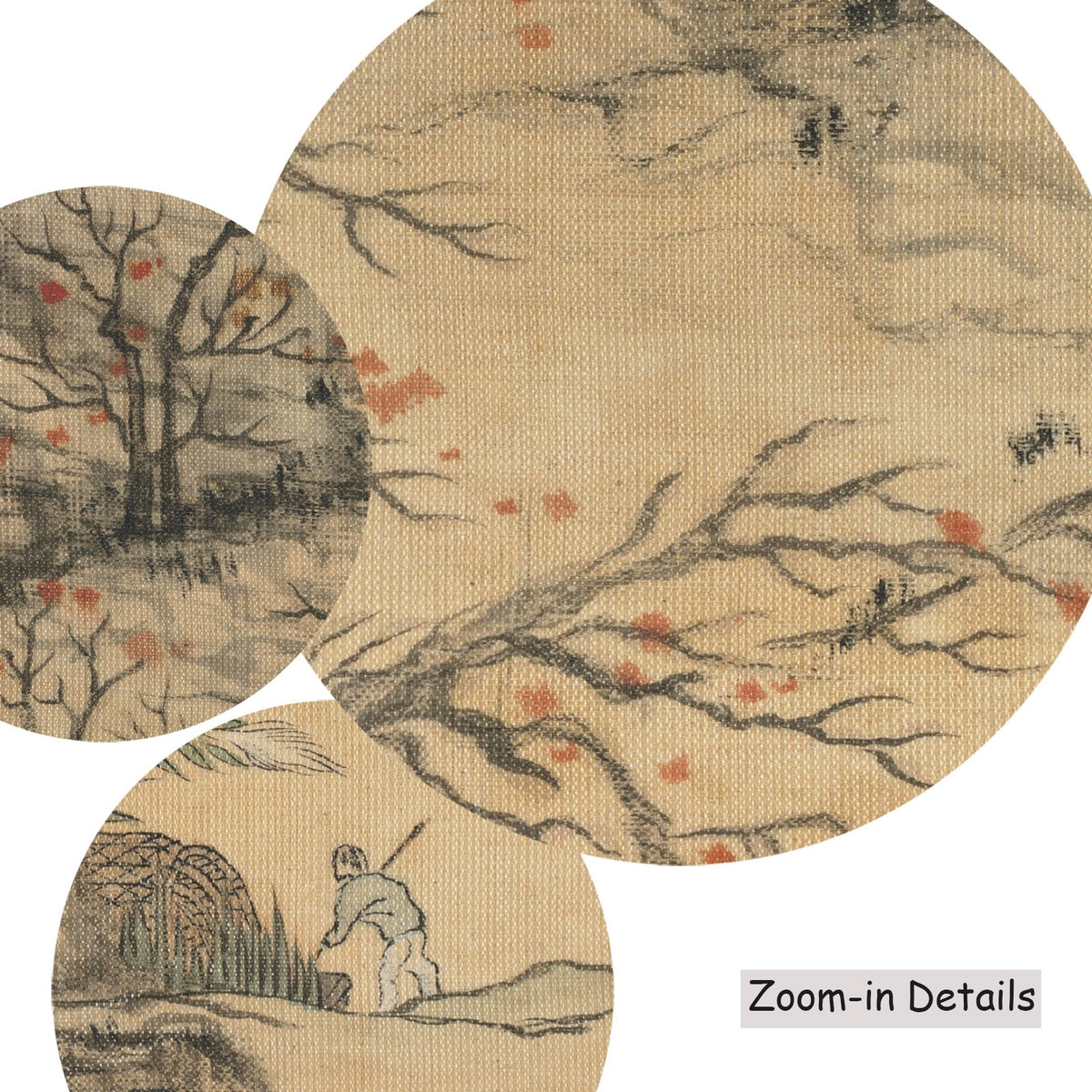 Close-up detail of the brushwork on Autumn Landscape, a large gold and grey Landscape canvas by Chen Hongshou