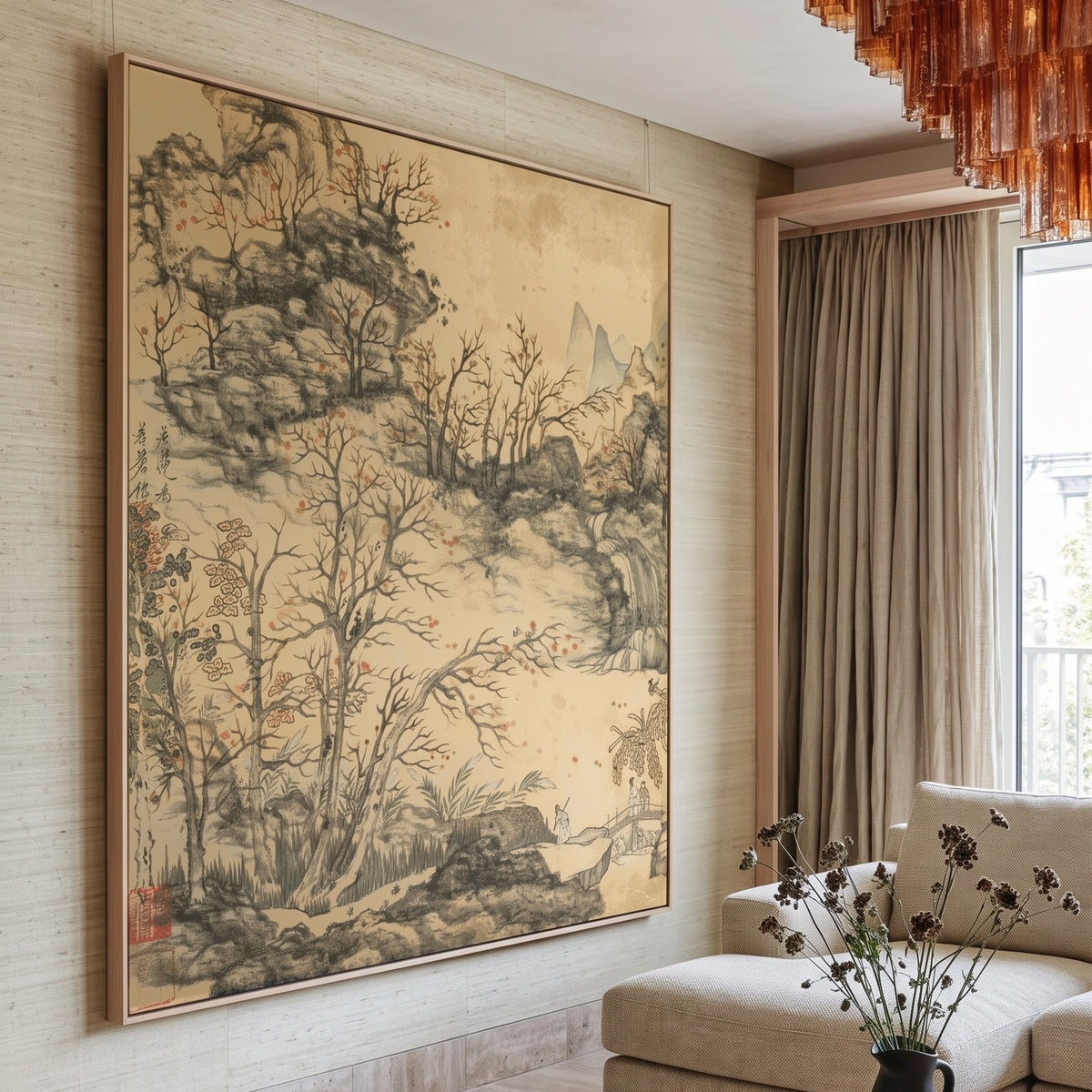 Autumn Landscape by Chen Hongshou — large gold and grey Landscape canvas art on a living room wall