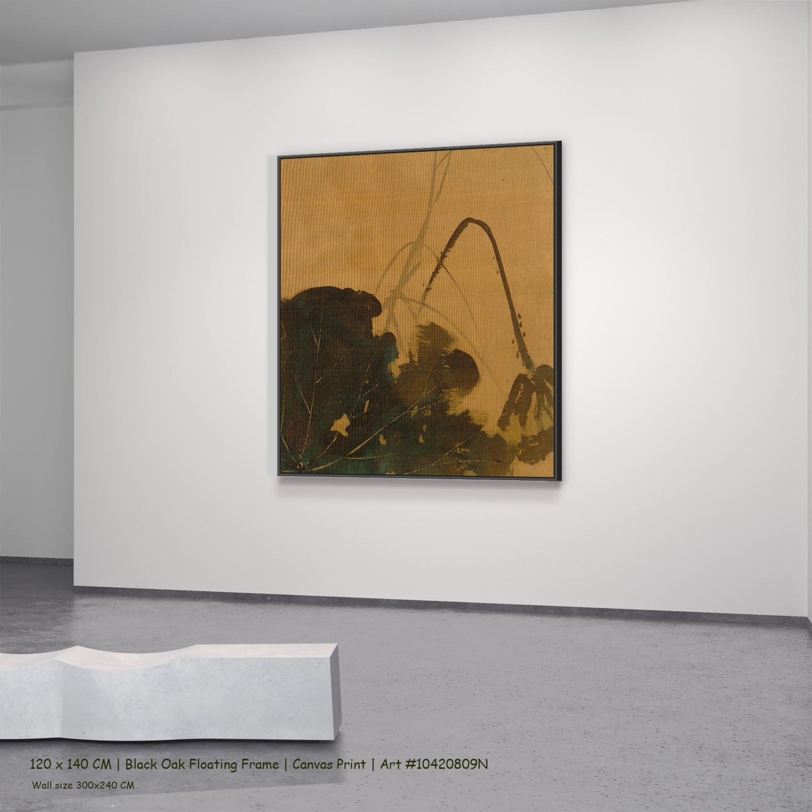 Lotus from Album of Paintings by by Shibata Zeshin in a black oak floating frame, large gold and green Botanical canvas
