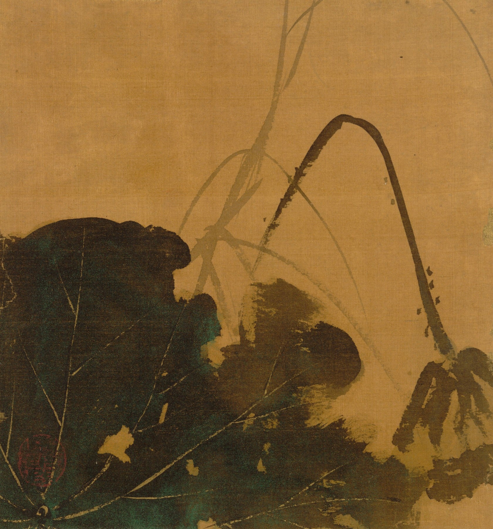 Large gold and green Botanical canvas print of Lotus from Album of Paintings by by Shibata Zeshin
