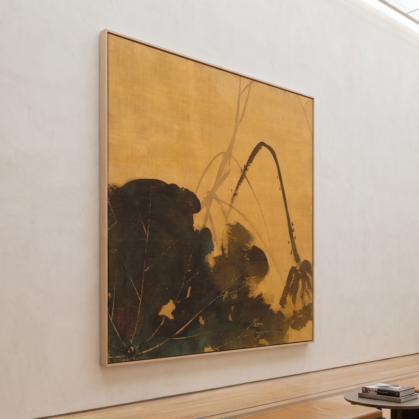 Lotus from Album of Paintings by by Shibata Zeshin — large gold and green Botanical canvas art on a hallway wall