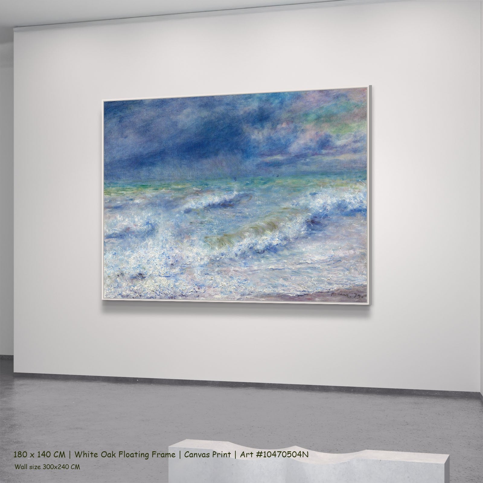 Seascape by Pierre-Auguste Renoir in a white oak floating frame, large blue and white Impressionist canvas
