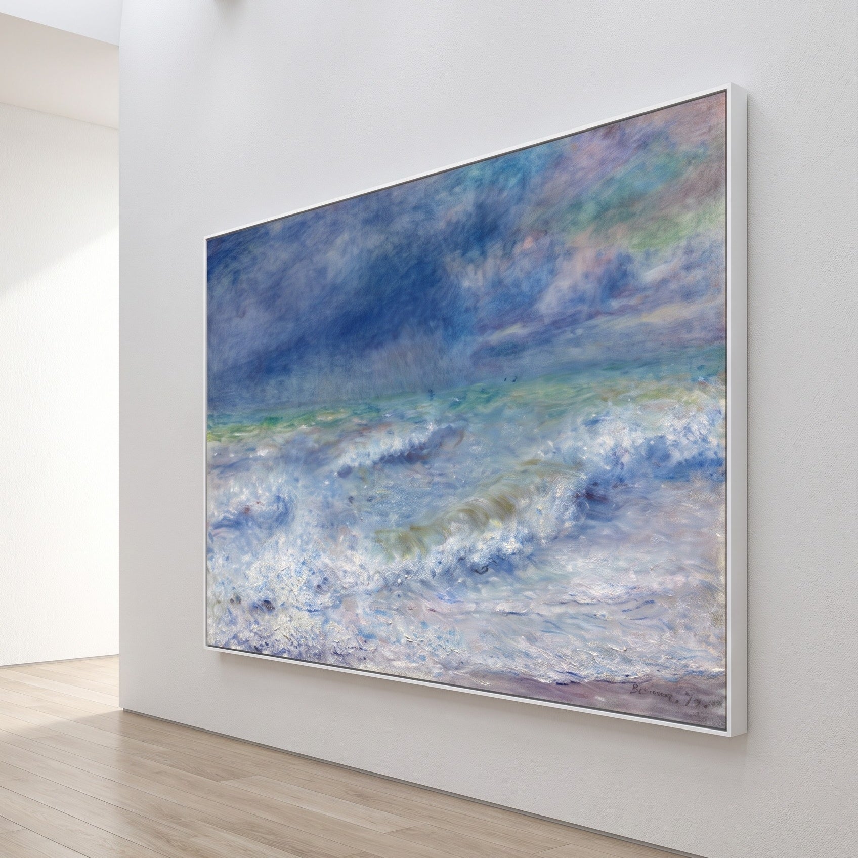 Seascape by Pierre-Auguste Renoir — large blue and white Impressionist canvas art on a hallway wall