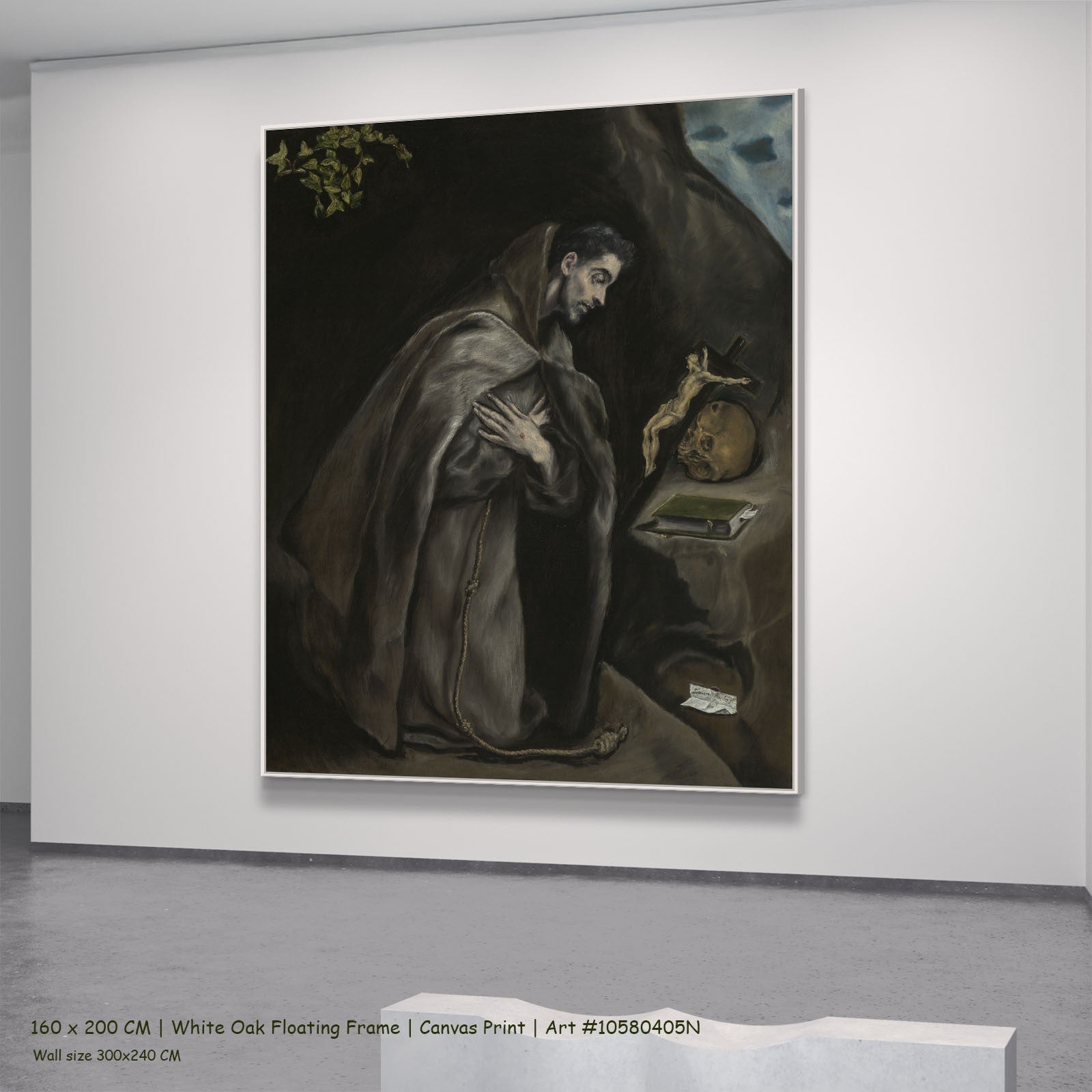 Saint Francis Kneeling in Meditation by El Greco in a white oak floating frame, large brown and grey Renaissance canvas