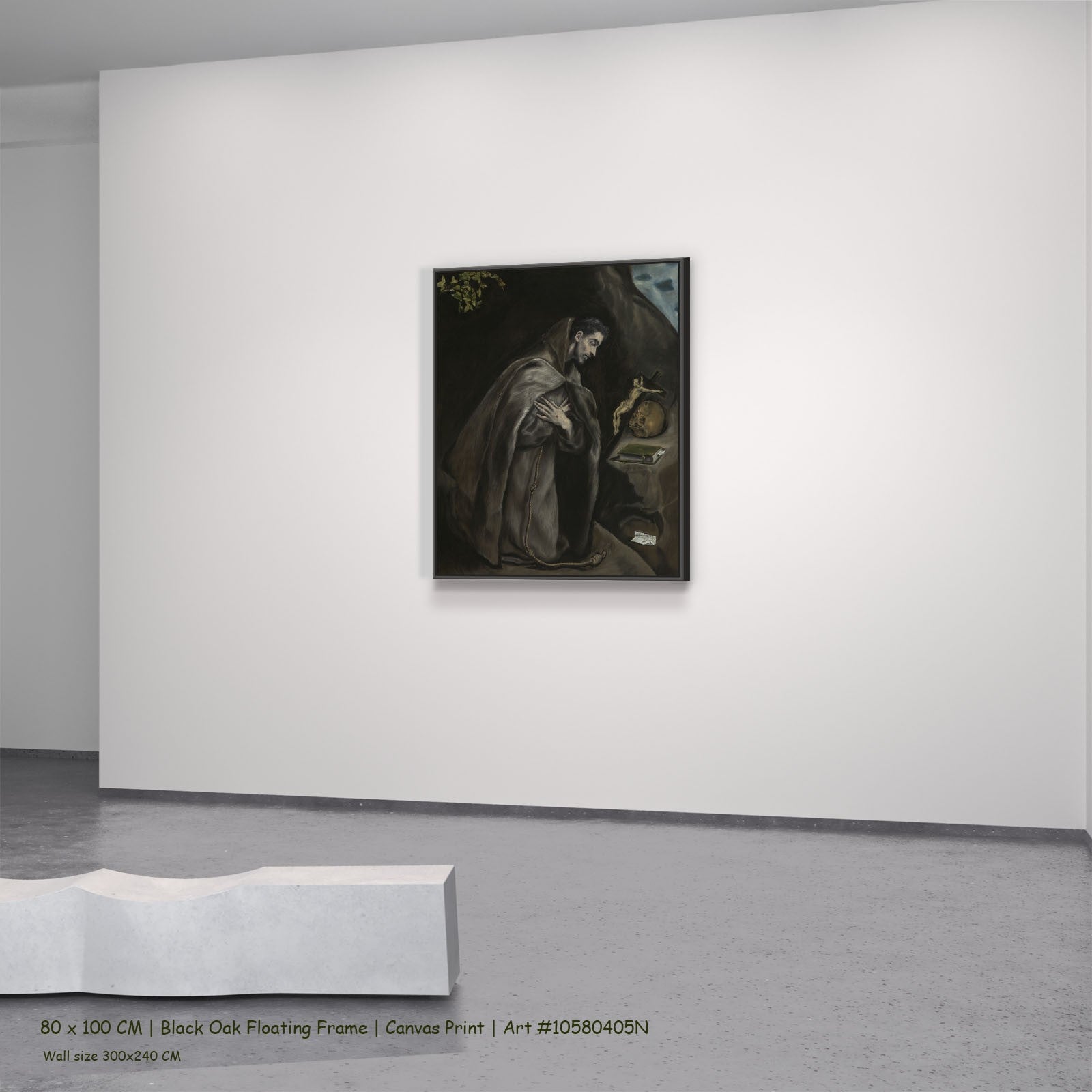 Saint Francis Kneeling in Meditation by El Greco in a black oak floating frame, large brown and grey Renaissance canvas