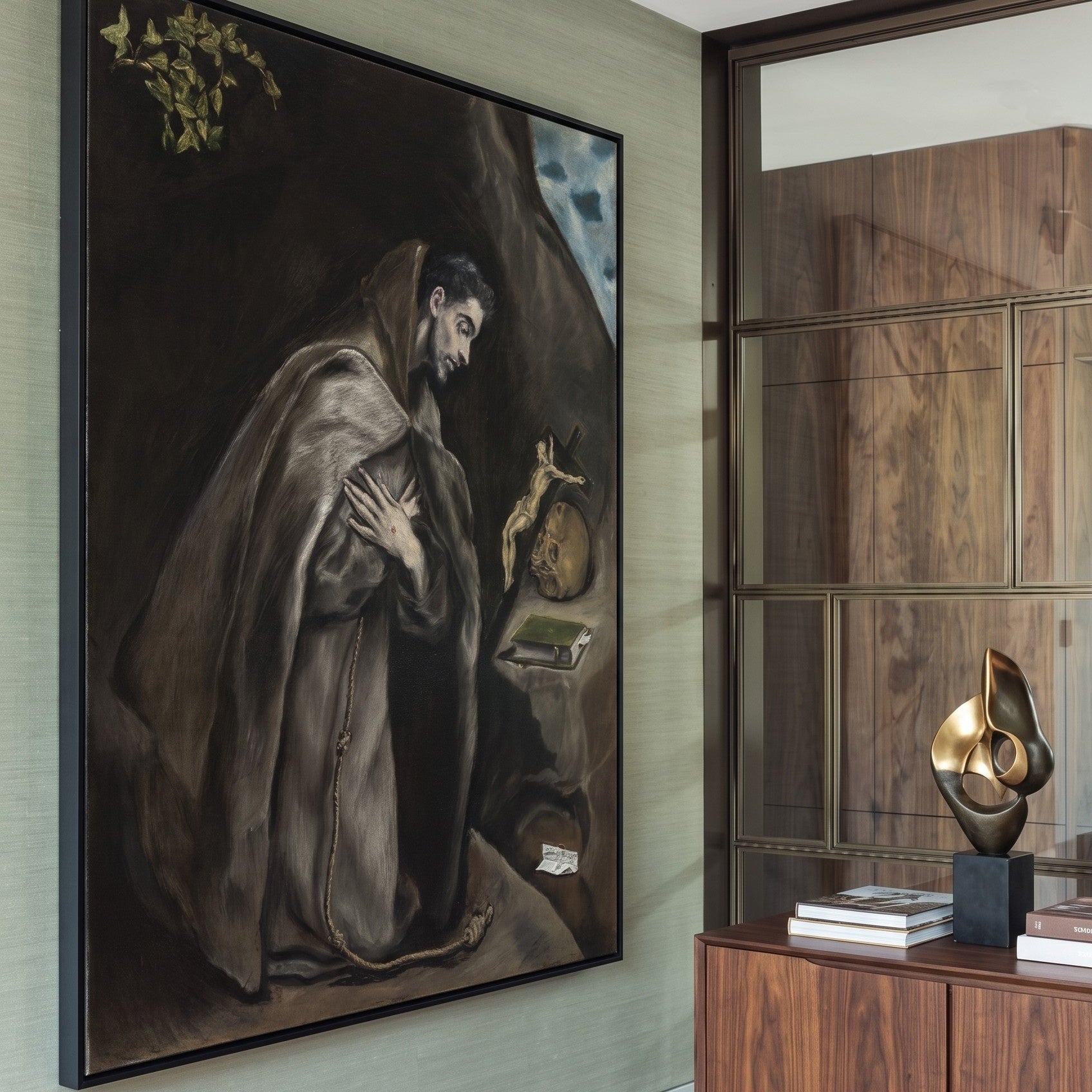 Saint Francis Kneeling in Meditation by El Greco — large brown and grey Renaissance canvas art on a hallway wall