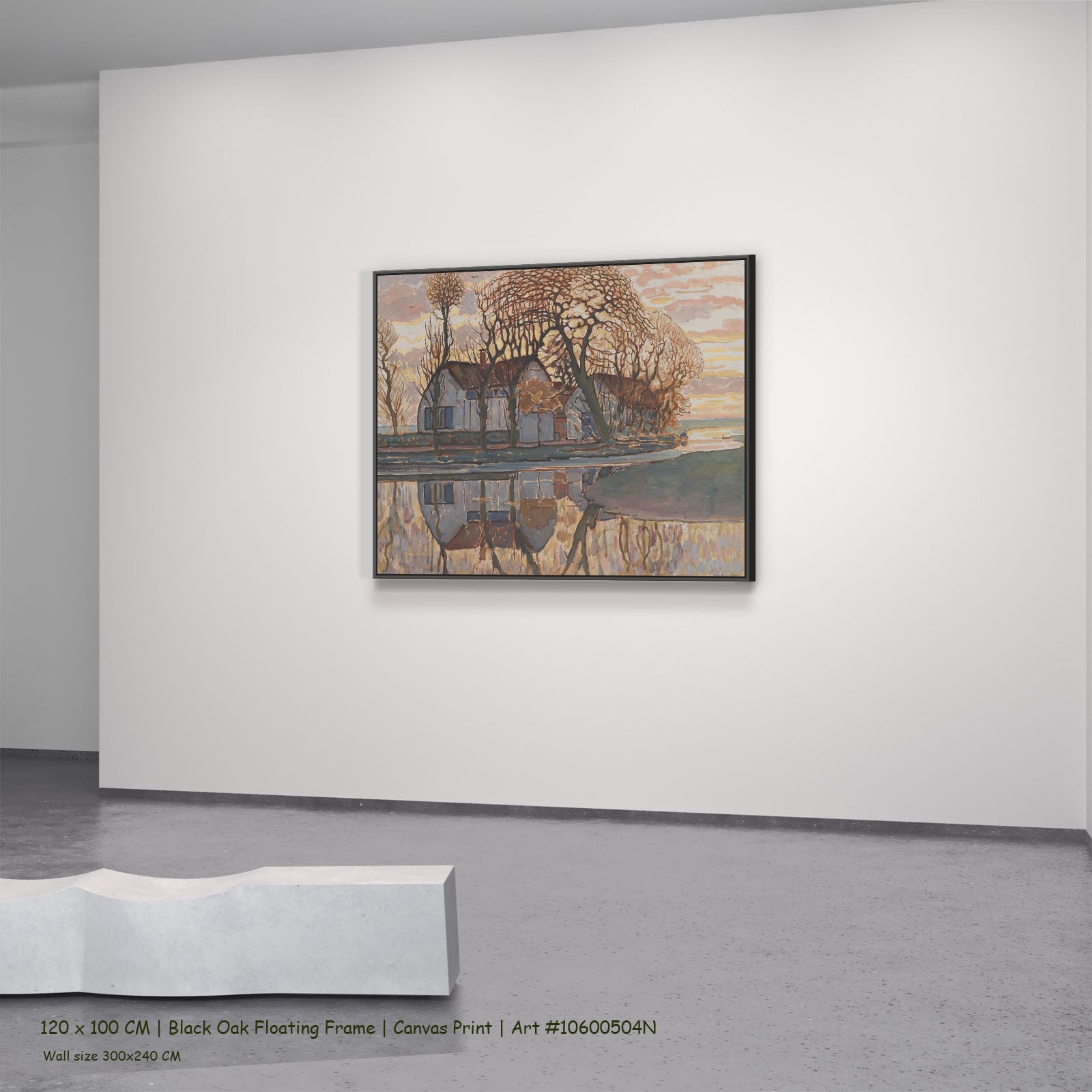 Farm near Duivendrecht by Piet Mondrian in a black oak floating frame, large pink and brown Abstract canvas