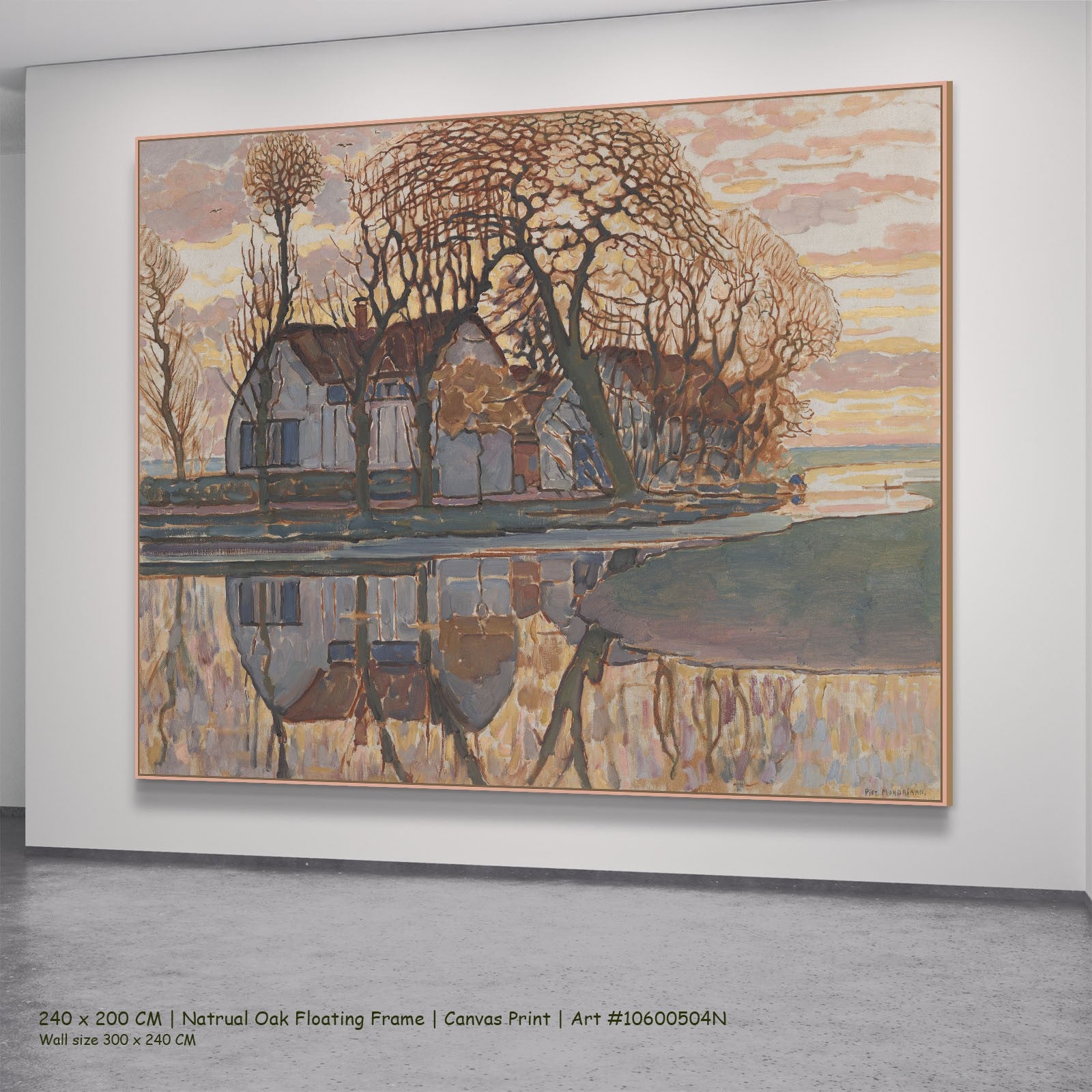 Farm near Duivendrecht by Piet Mondrian in a natural oak floating frame, large pink and brown Abstract canvas