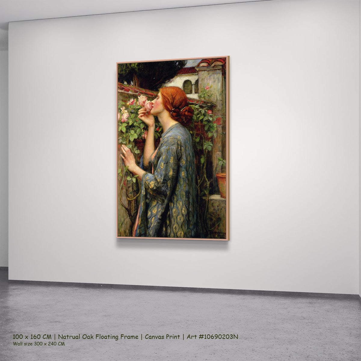 The Soul of the Rose by John William Waterhouse in a natural oak floating frame, large blue and green Pre-Raphaelite canvas