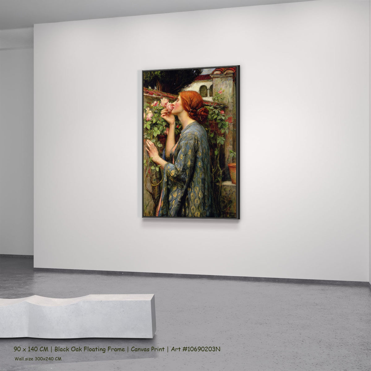 The Soul of the Rose by John William Waterhouse in a black oak floating frame, large blue and green Pre-Raphaelite canvas