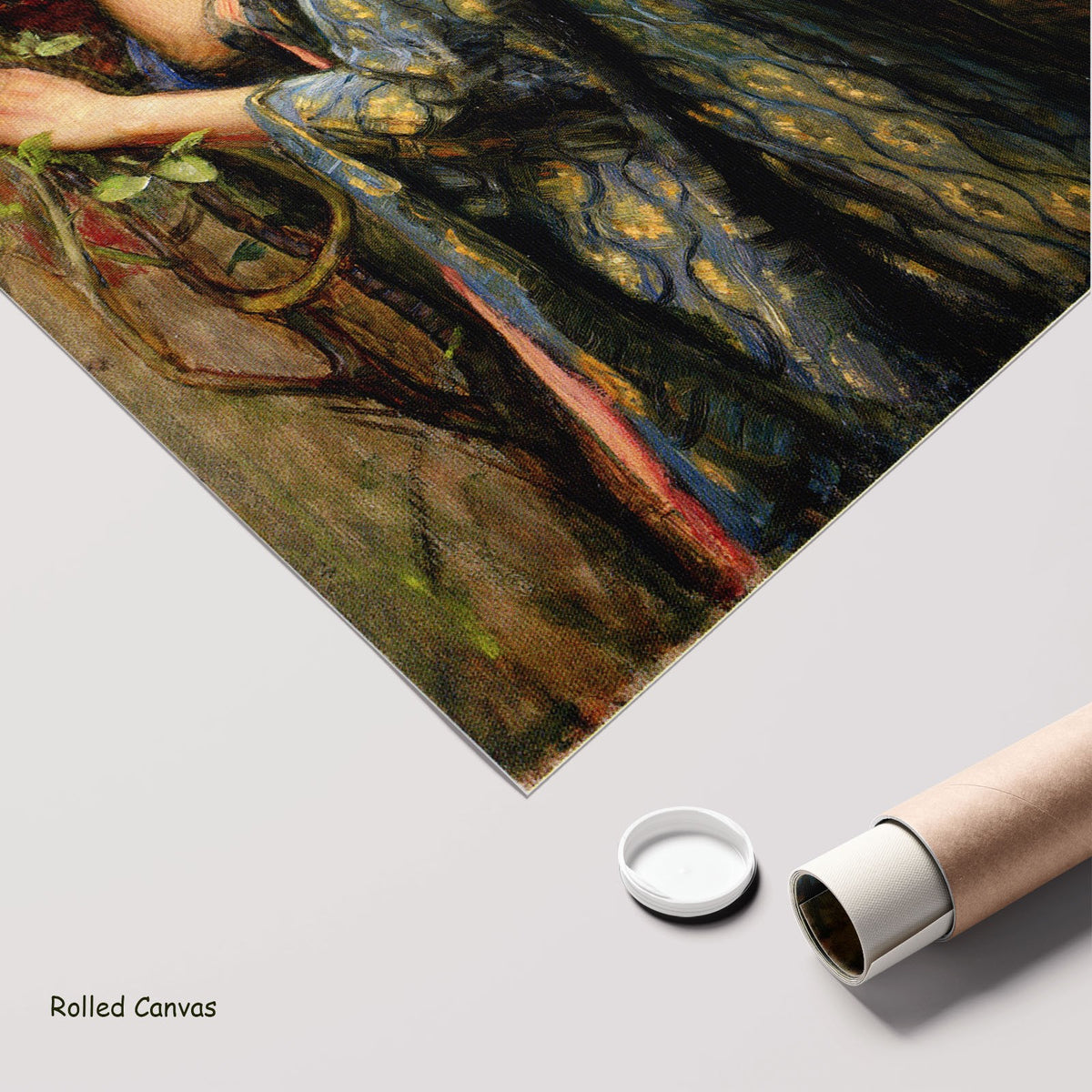 The Soul of the Rose by John William Waterhouse as a large rolled blue and green Pre-Raphaelite canvas print