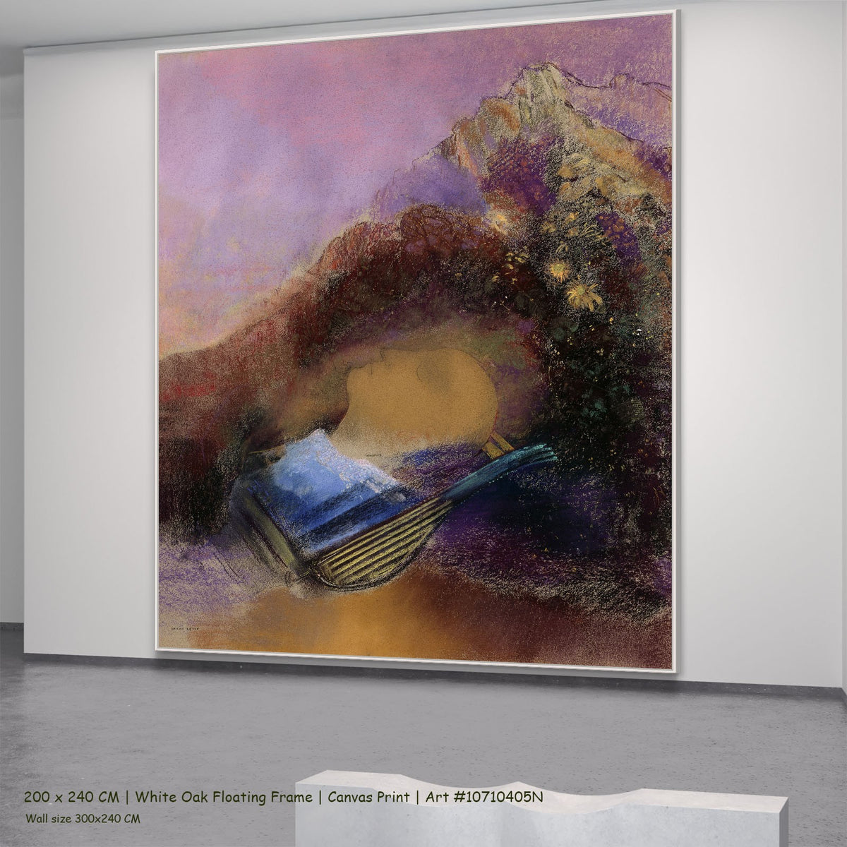 Orpheus by Odilon Redon in a white oak floating frame, large purple and brown Symbolist canvas