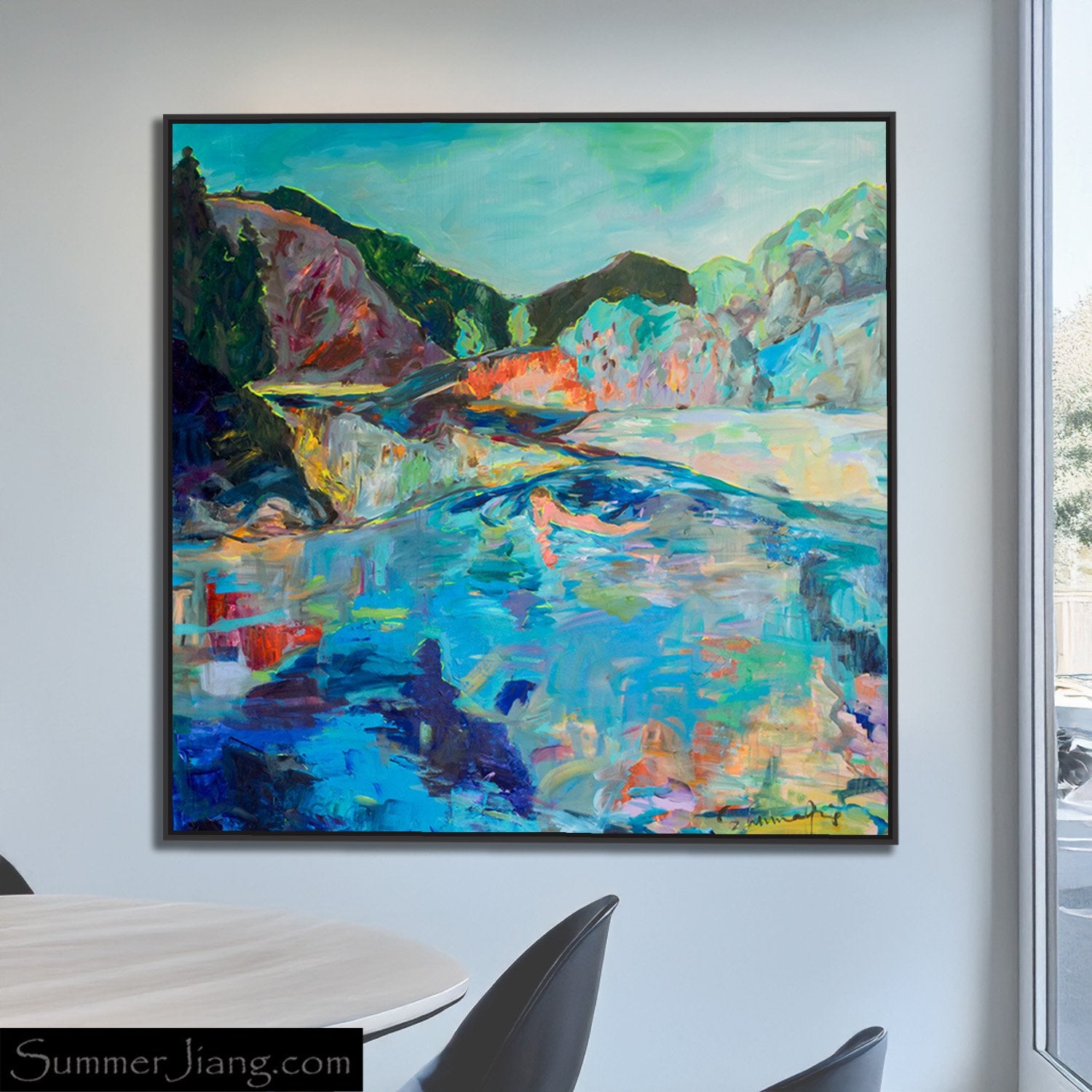 River Washes Me Extra Large Abstract canvas wall art styled in a room setting by Summer Jiang