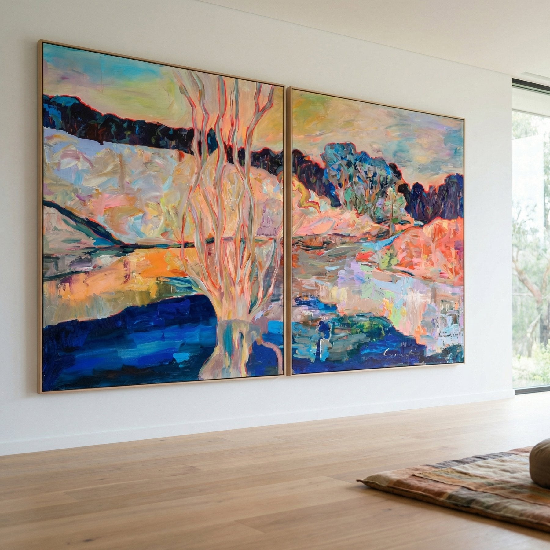 The Pause Modern Landscape canvas wall art framed and hung on a wall, 160 × 100 cm, by Summer Jiang
