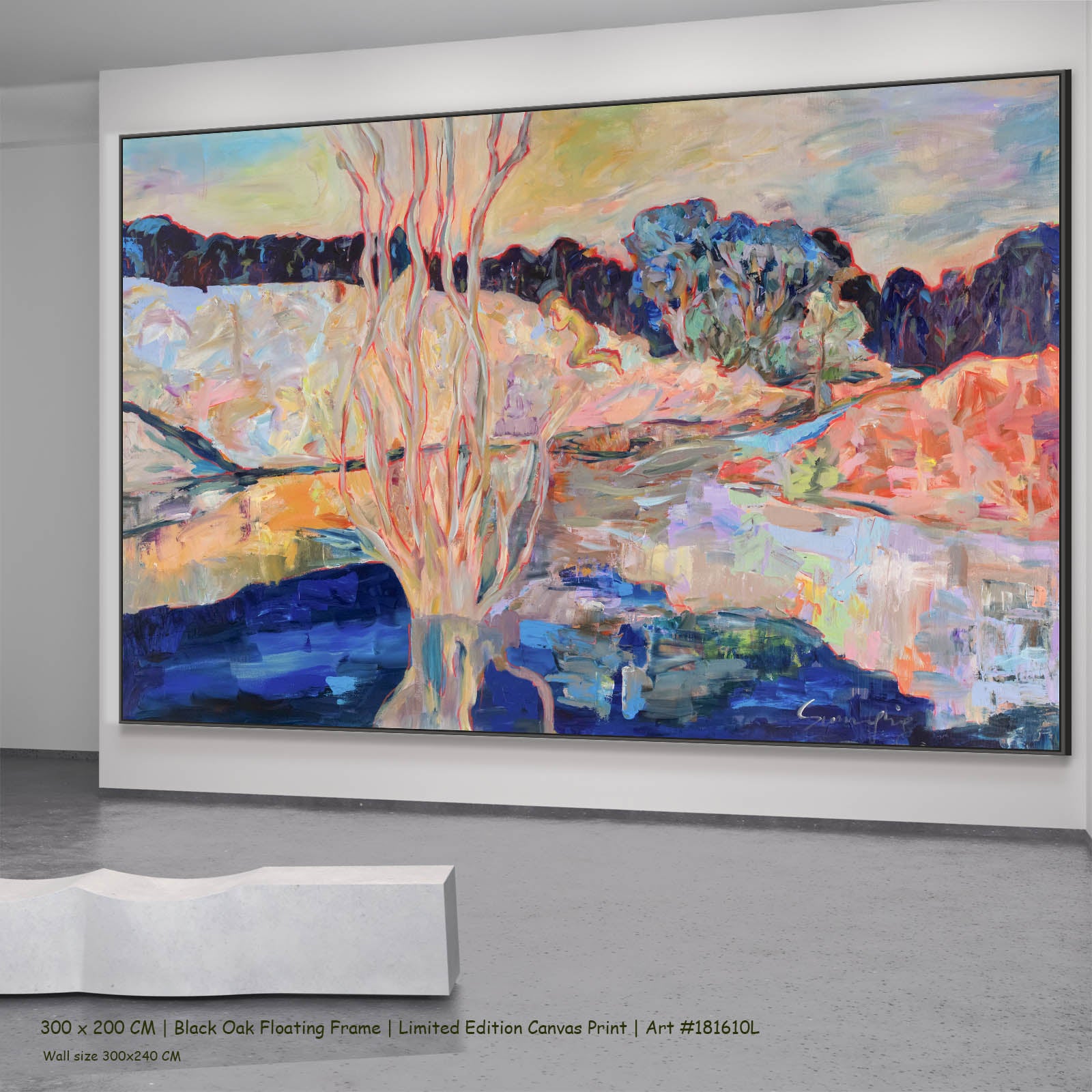 The Pause Modern canvas wall art in a black oak floating frame, 300 × 200 cm