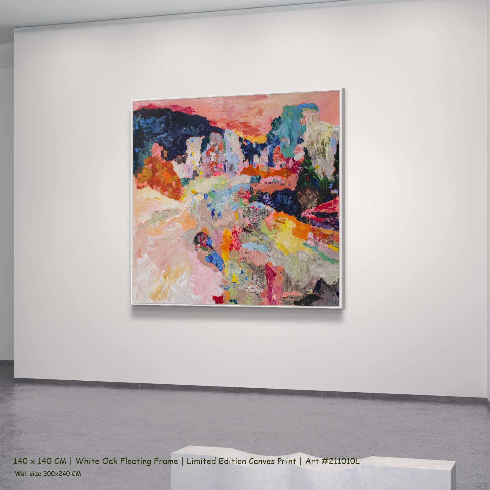 Far from Home Abstract canvas wall art in a white oak floating frame, 140 × 140 cm