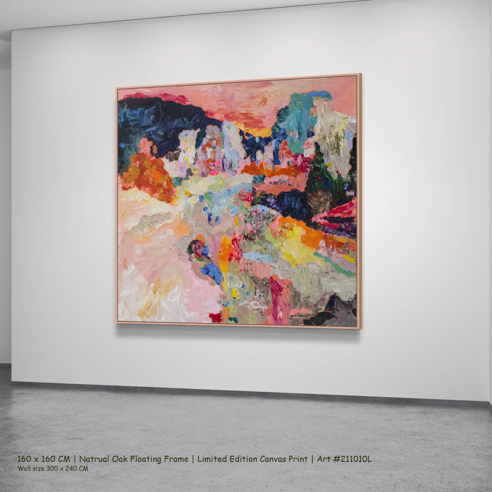 Far from Home Abstract canvas wall art in a natural oak floating frame, 160 × 160 cm