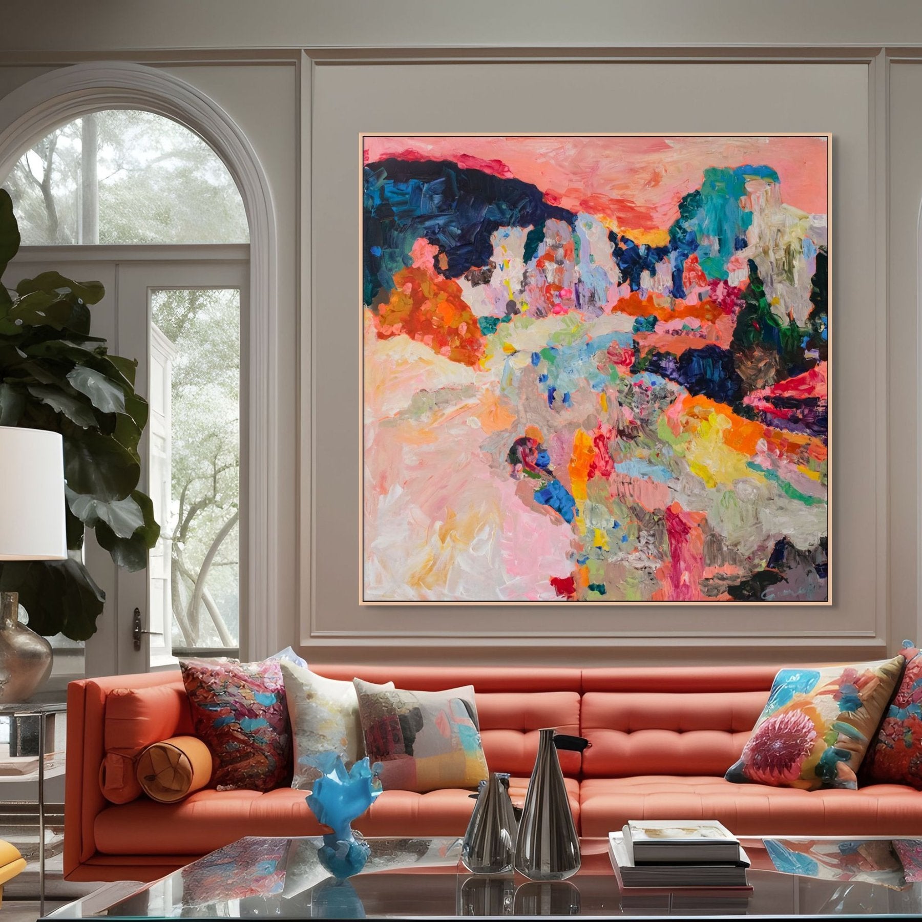 Far from Home Extra Large Abstract canvas wall art shown in a styled room by Summer Jiang