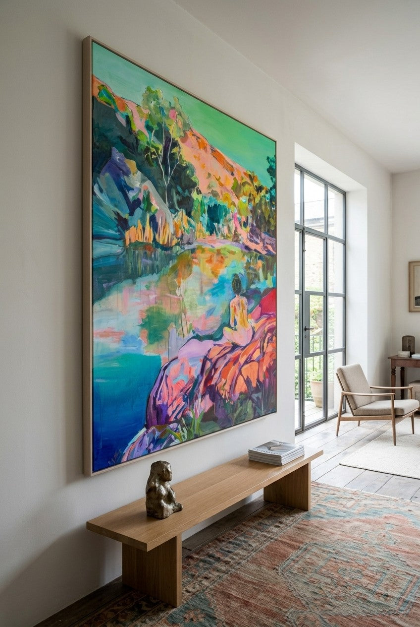 Undecorated by Summer Jiang — large pink and blue Abstract canvas art displayed on a wall