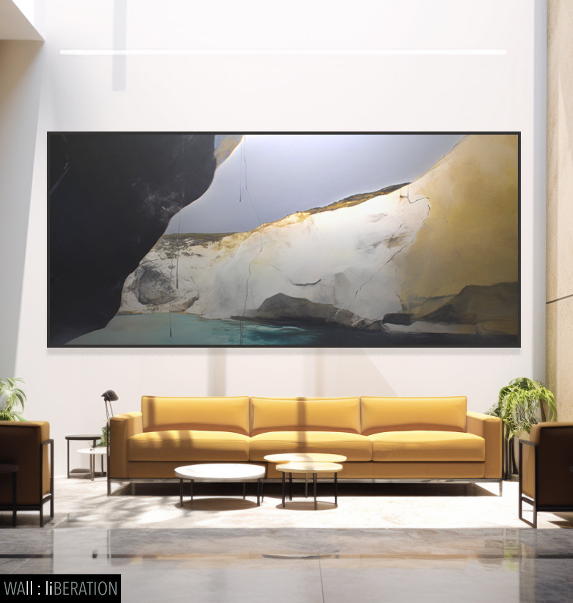The Cliff Tall Abstract Landscape canvas wall art framed and hung on a wall