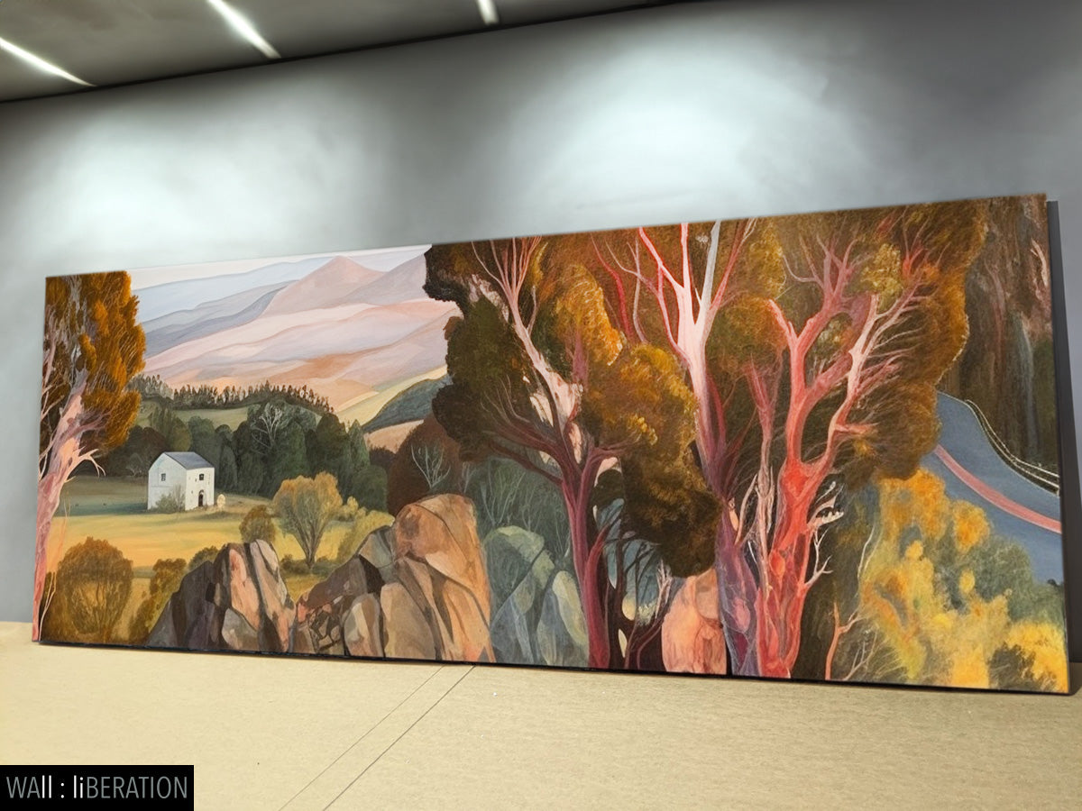 Long Drive Panoramic Modern Landscape canvas wall art framed and hung on a wall