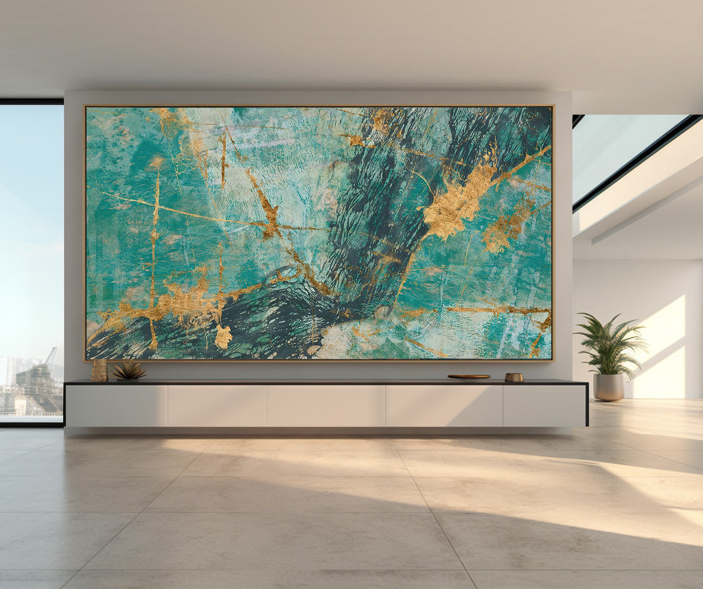 Green Gold Jade Large Scale Abstract canvas wall art framed and hung on a wall