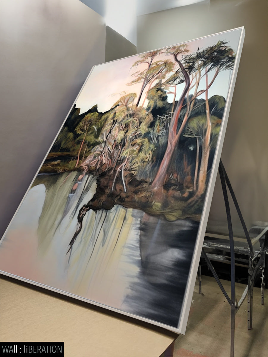 Murray River by Summer Jiang, large pink and green landscape canvas wall art on a living room wall