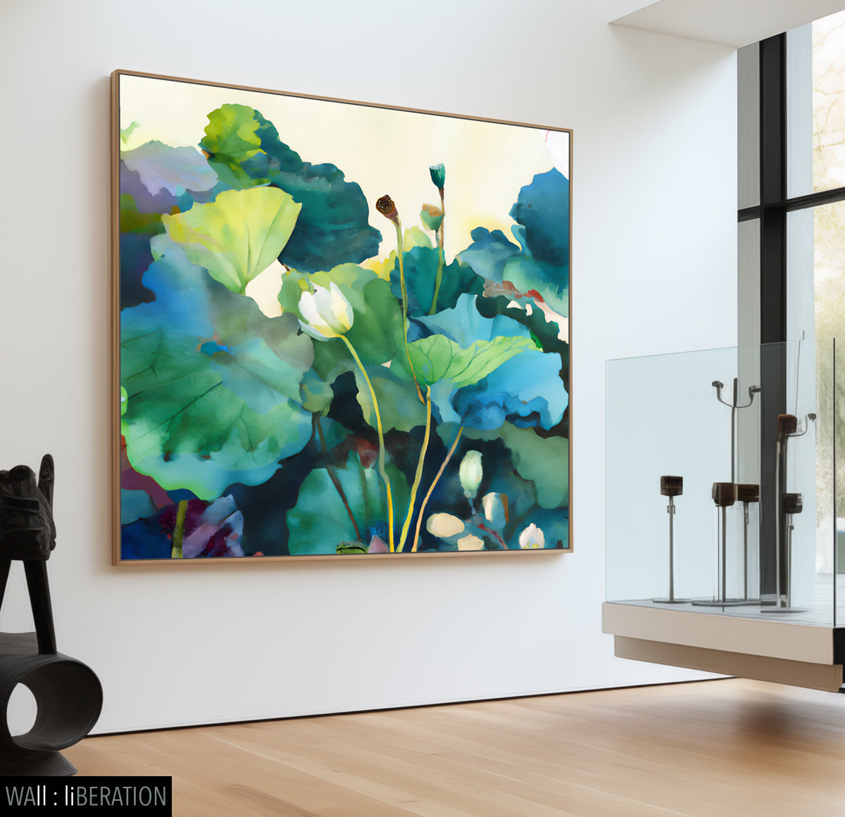 Lotus Flower Pond Large Contemporary Floral canvas wall art framed and hung on a wall