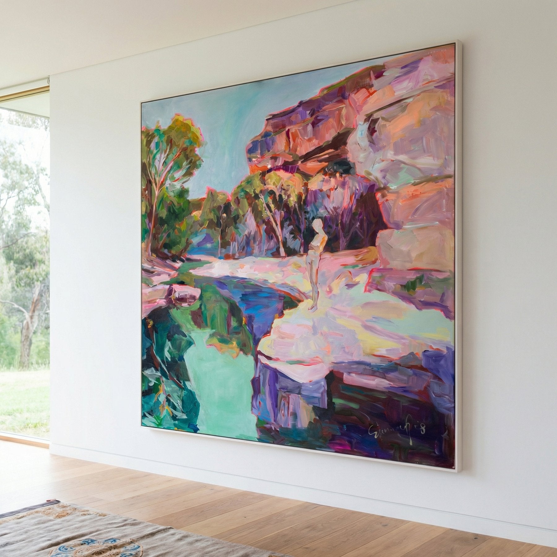 Contemplating Abstract canvas wall art framed and hung on a wall, 100 × 100 cm, by Summer Jiang