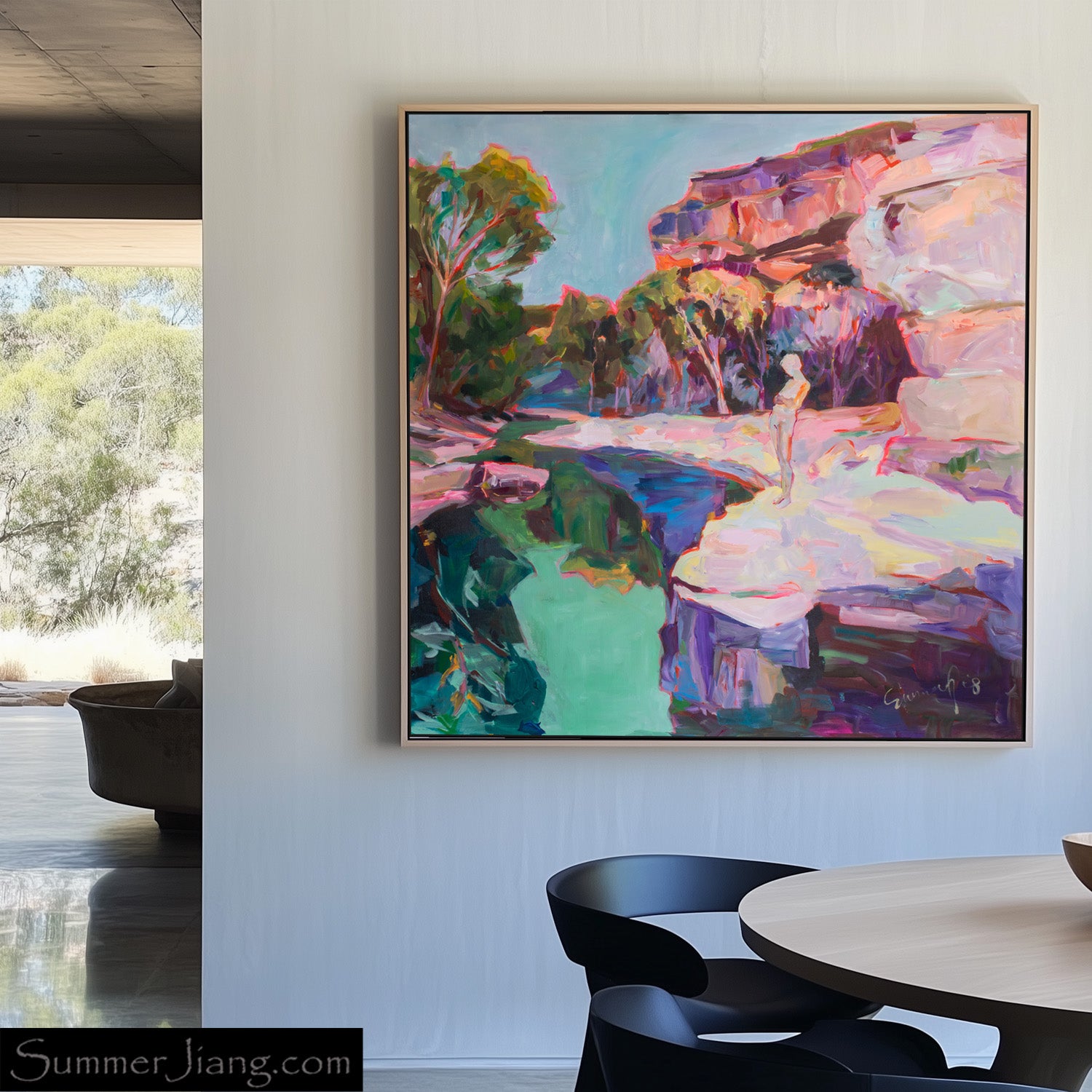 Contemplating Oversized Abstract canvas wall art shown in a styled room by Summer Jiang